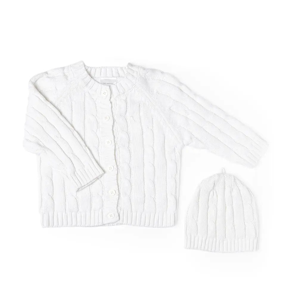 Baby Mode Cable Knit Cardigan & Hat Set - Soft White Knitwear for Newborns | Perfect for Photo Shoots, Winter Outfits and Gift Giving