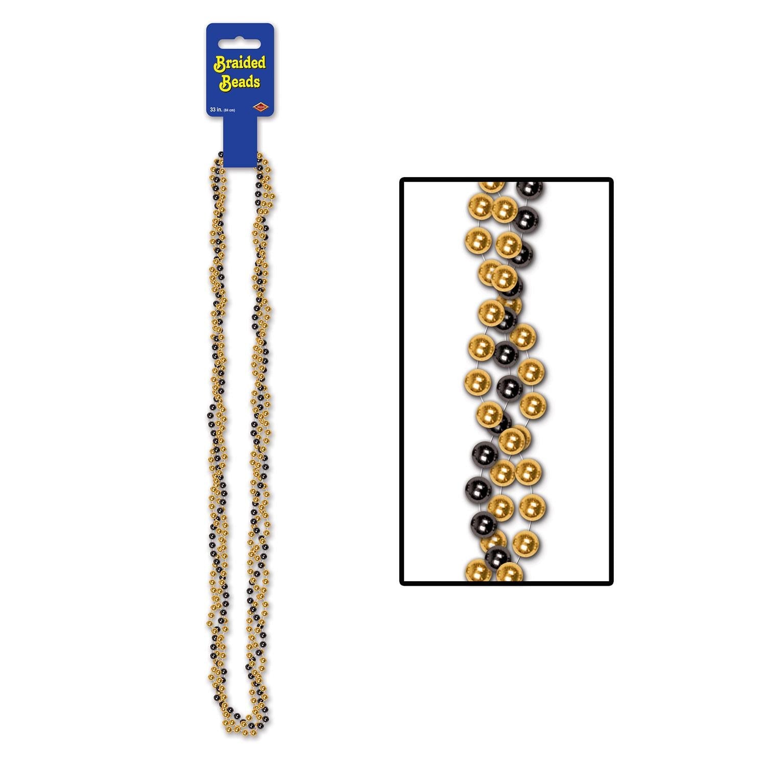 12 Pack Beistle Braided Bead Necklaces - Black & Gold Party Favors for Mardi Gras, Halloween, and Costume Accessories