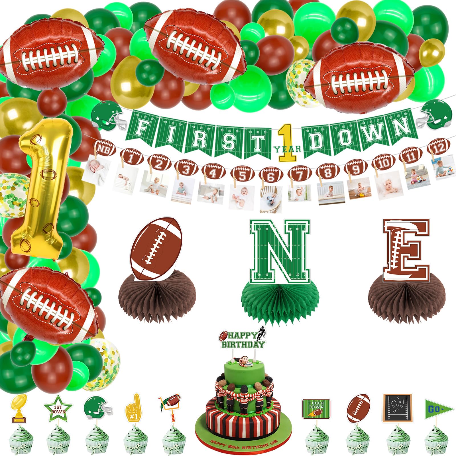 Football 1st Birthday Party Decorations Set - First Down Banner, Monthly Photo Banner, Centerpiece, Cake Toppers & Balloons for Baby Boy's Sports Theme Celebration - Perfect for Football Themed Birthday Parties, Baby Showers & Special Milestone Events