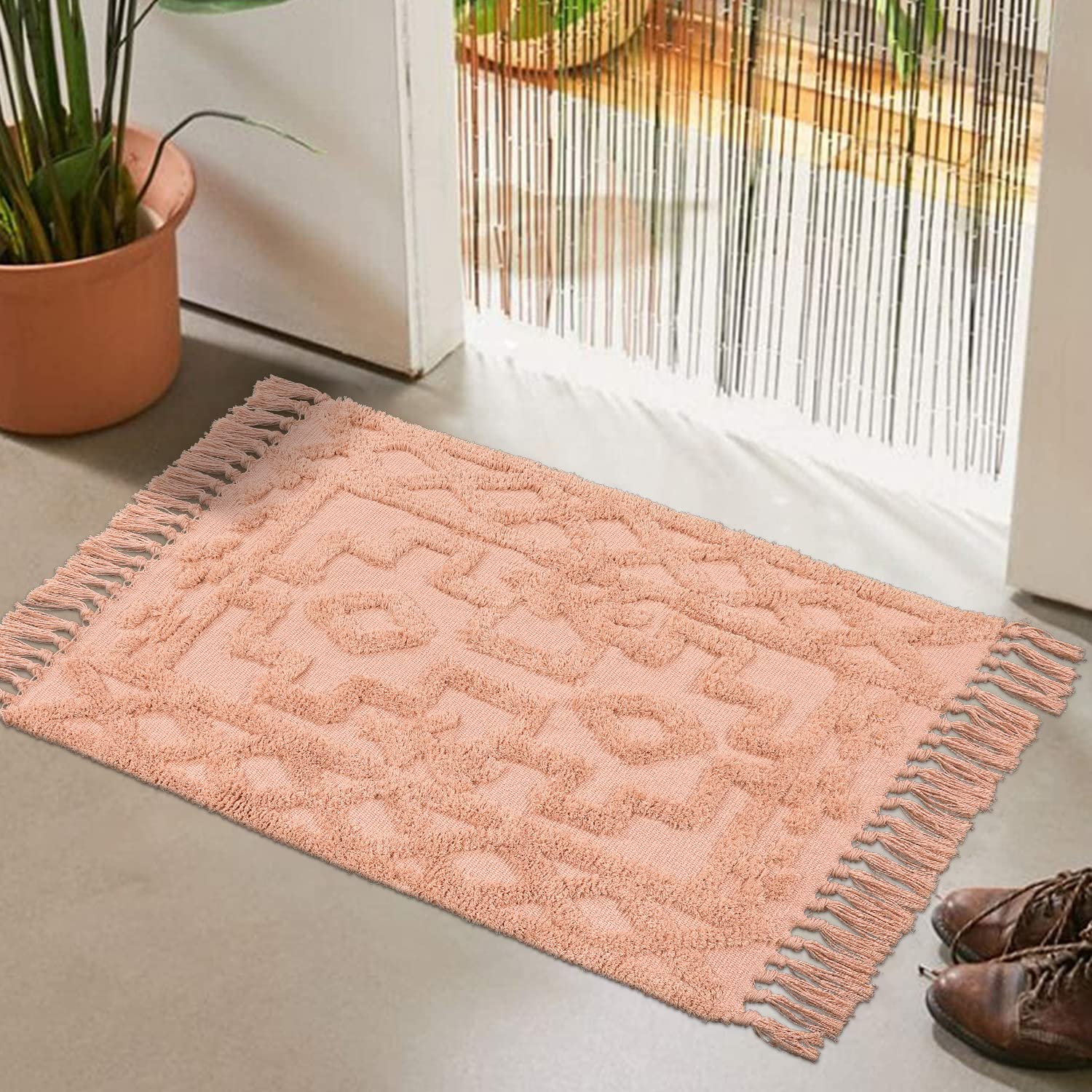 Uphome Boho Bathroom Rug 2' x 3' - Moroccan Tufted Cotton Woven Washable Accent Rug with Tassels for Farmhouse Decor | Perfect for Entryway, Bedroom, Laundry, Living Room & Kitchen | Soft Pink Home Decor