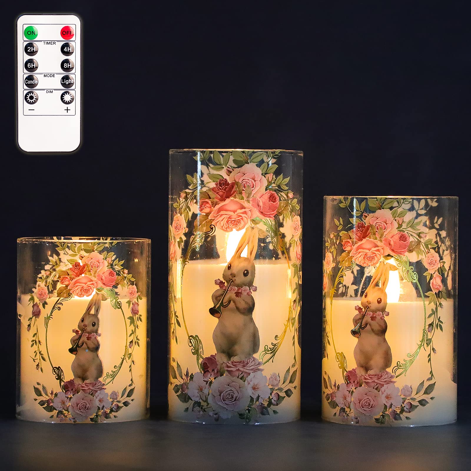 Bunny LED Candles for Easter Decorations - Silverstro Flickering Remote Control Night Lights with 24H Timer, Battery Powered Pillar Paraffin Glass Candles (3-Pack) - Perfect for Easter Centerpieces, Home Decor & Holiday Lighting