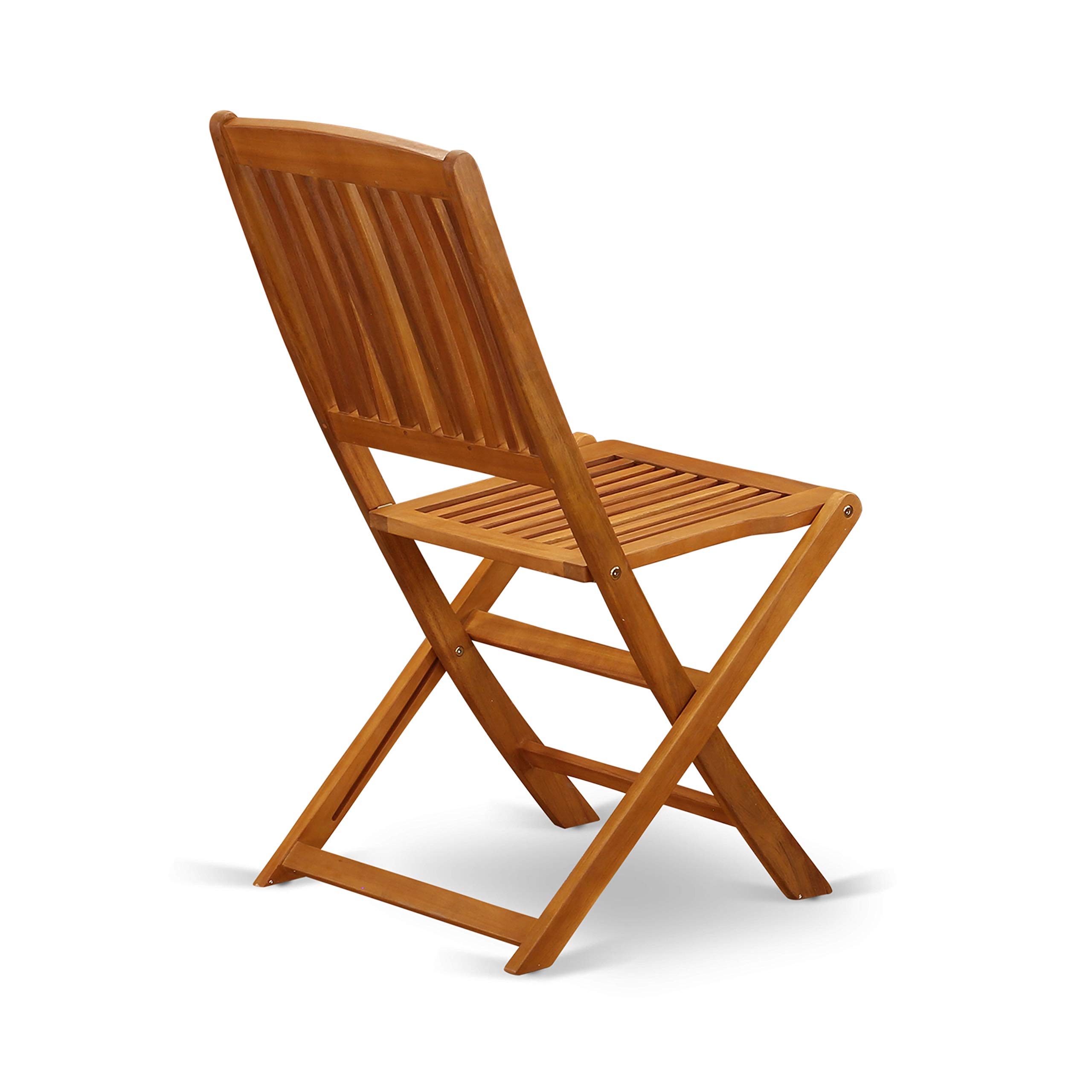 East West Furniture MNCM3CWNA Marion 3-Piece Patio Bistro Set - Round Outdoor Acacia Wood Coffee Table & 2 Folding Chairs, 30x30 Inch, Natural Oil Finish - Perfect for Backyard, Garden, Balcony, or Poolside Relaxation