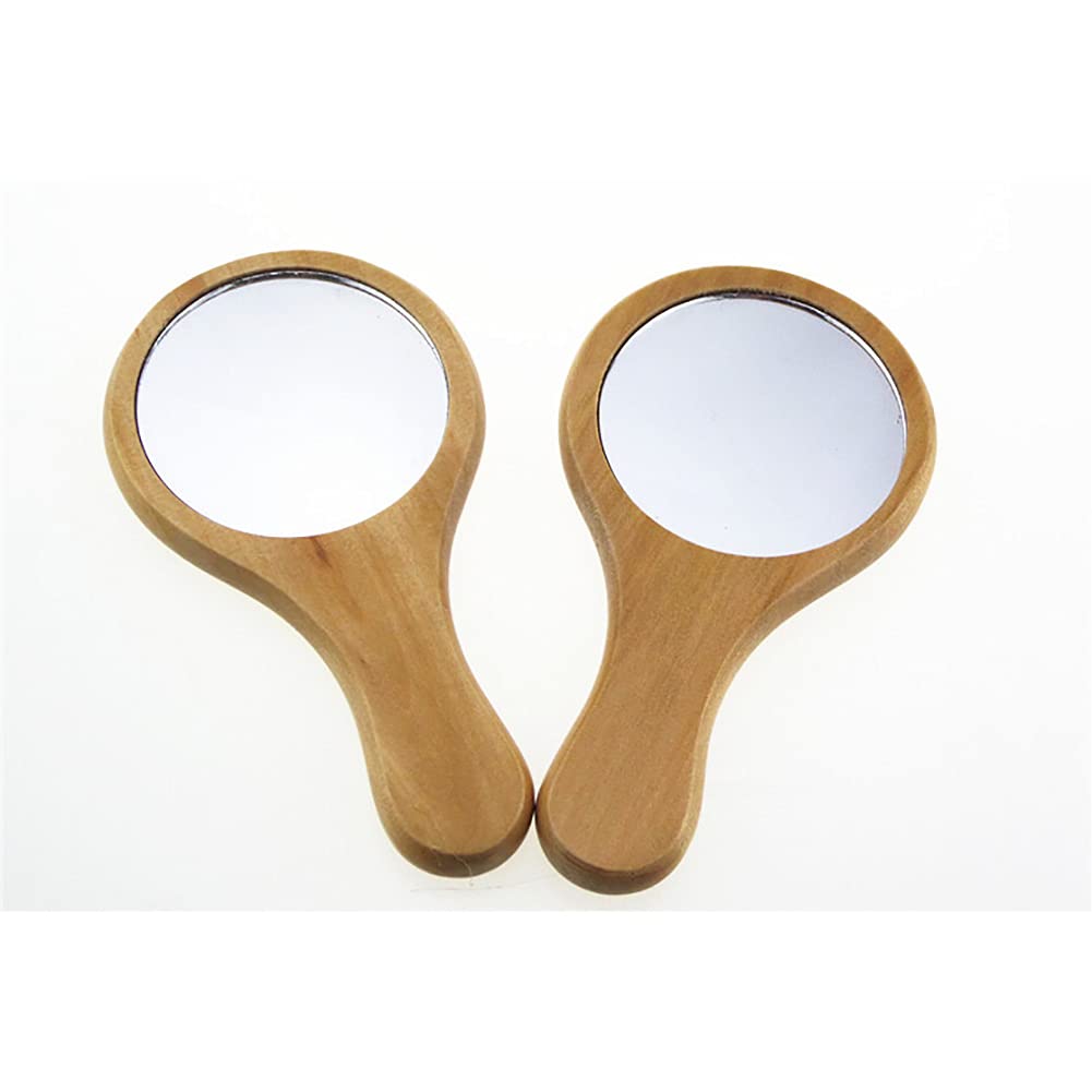 2 Pack Small Portable Wooden Makeup Mirror with Handle - Round Cosmetic Handheld Mirror for Travel, Vanity & Purse | Natural Wood Beauty Mirror for Home & On-the-Go Touchups