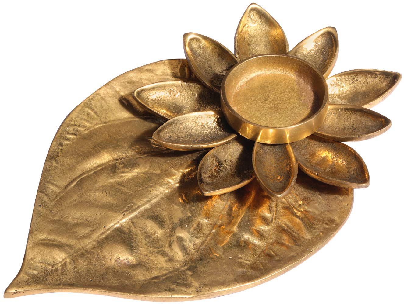 Exotic India Paan Patta (Betel Leaf) Brass Candle Holder - Handcrafted Statue for Home Decor, Pooja Room & Meditation Space