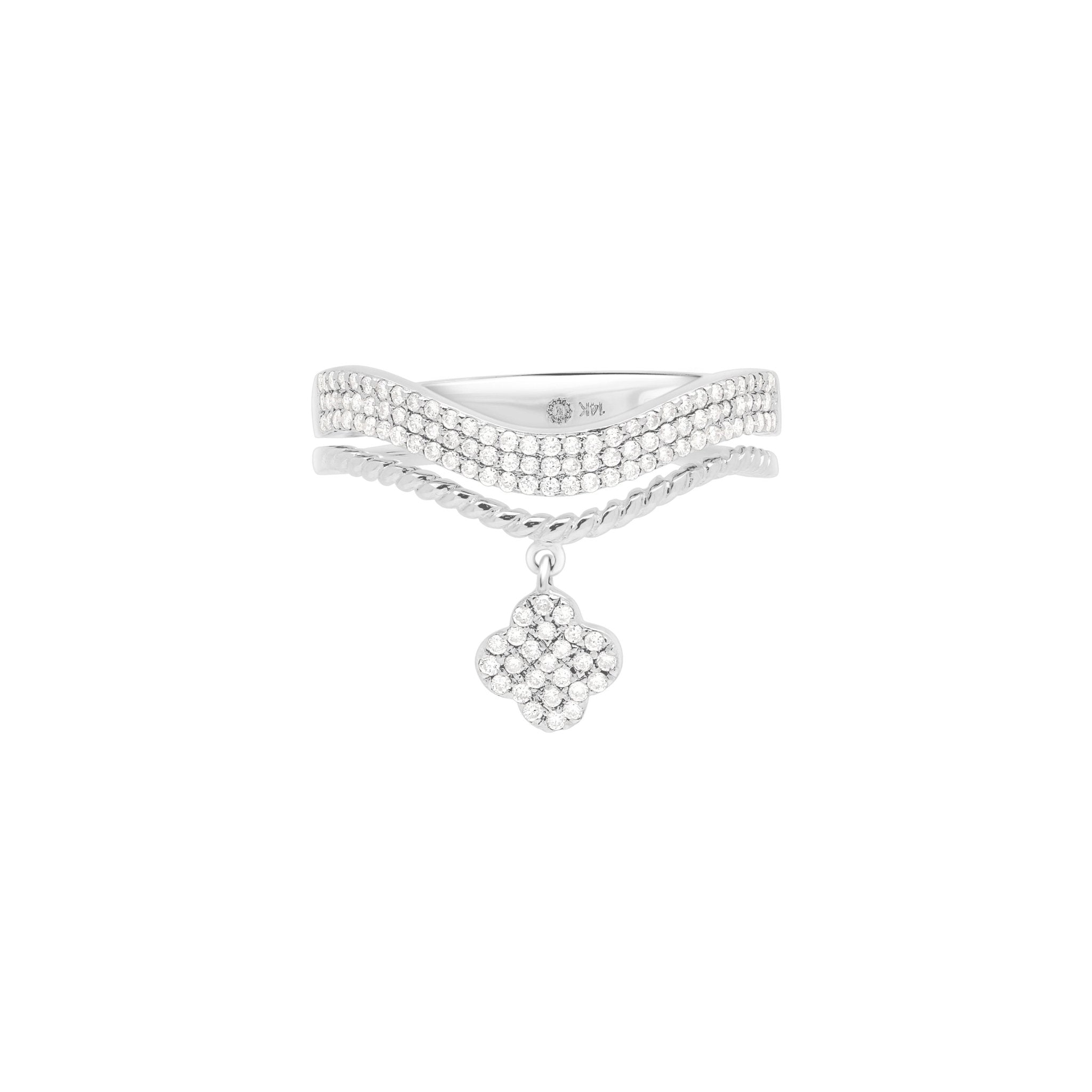 14K White Gold Diamond Pavé Clover Drop Cable Ring - Elegant Dainty Jewelry for Women, Perfect for Valentine's Day, Anniversary & Special Occasion Gifts