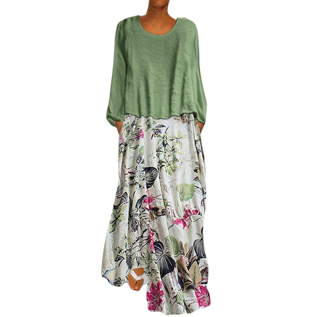 Vintage Print Patchwork Two-Piece Long Midi Dress for Women - Plus Size Floral O-Neck Dress Set for Casual Wear, Parties & Special Occasions