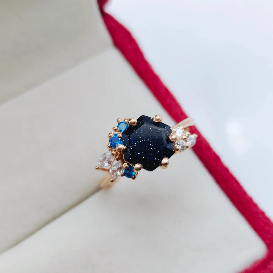 Hexagon Cut Blue Sandstone Ring for Women - Rose Gold & Silver Cluster Topaz Promise Ring - Elegant Wedding & Anniversary Gift by Forever Gems & Jewels | Perfect for Engagements, Date Nights & Special Occasions