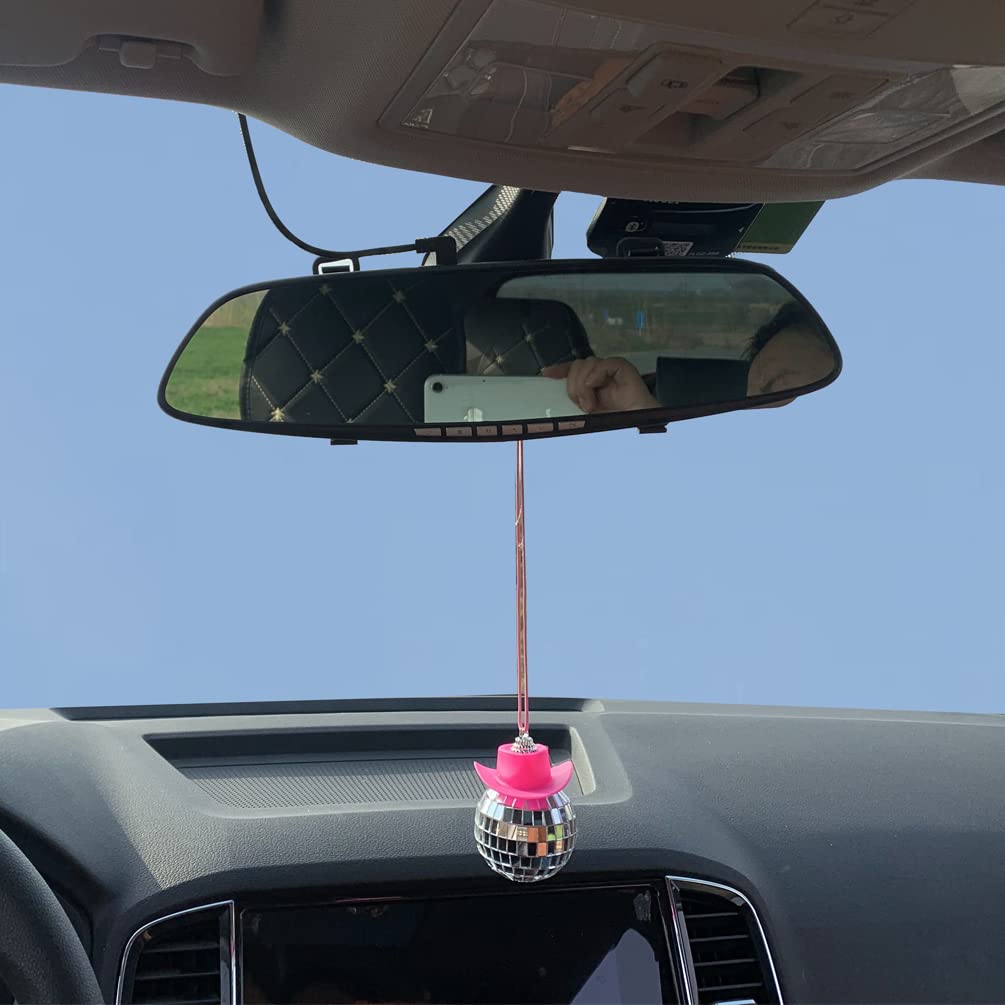 Pink Cowboy Hat Disco Ball Car Mirror Pendant - Wild West Bling Accessory for Party & Road Trips