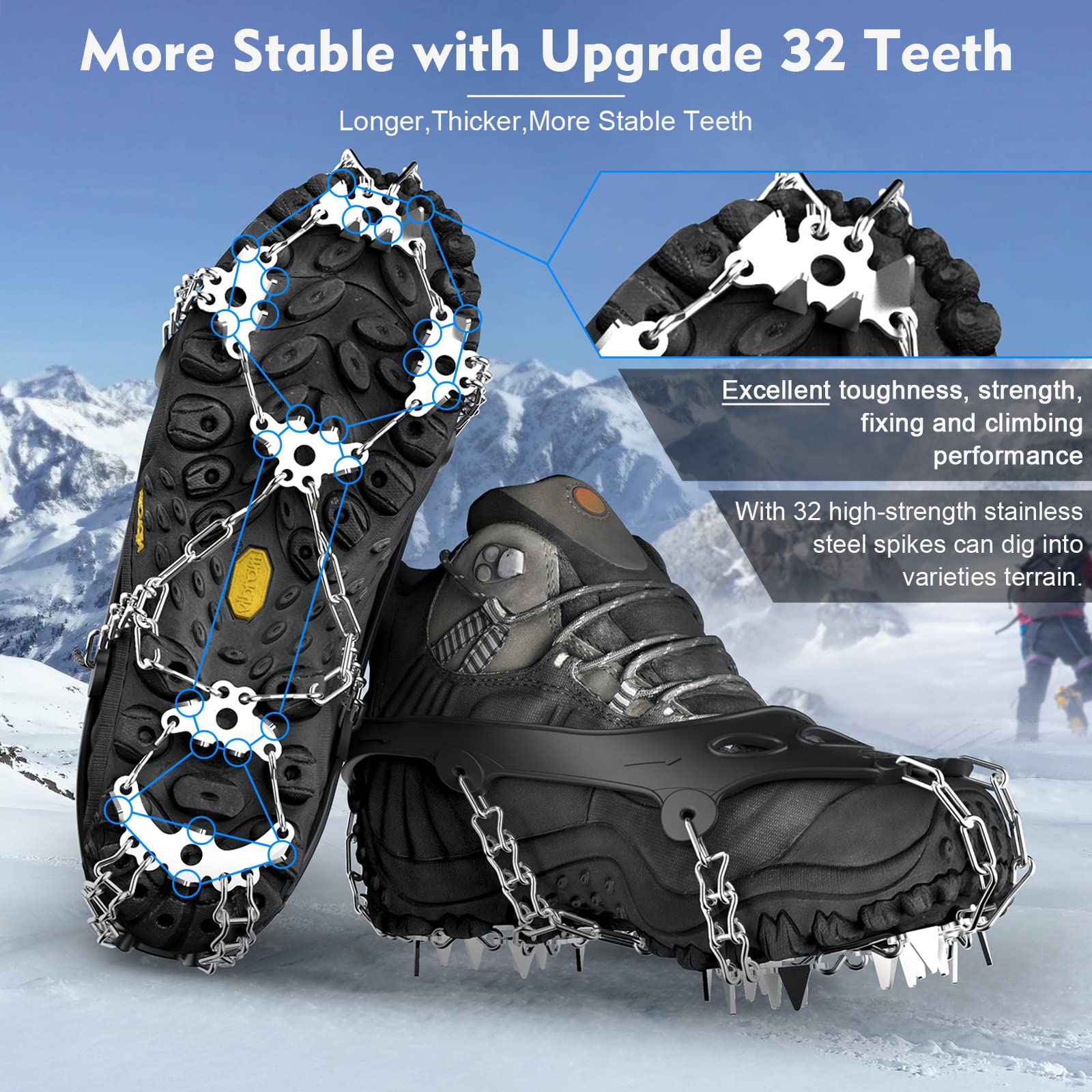 Best Ice Cleats & Crampons for Hiking Boots - Non-Slip Snow Traction Spikes with Chains for Men & Women - Perfect for Winter Hiking, Ice Fishing & Snowshoeing