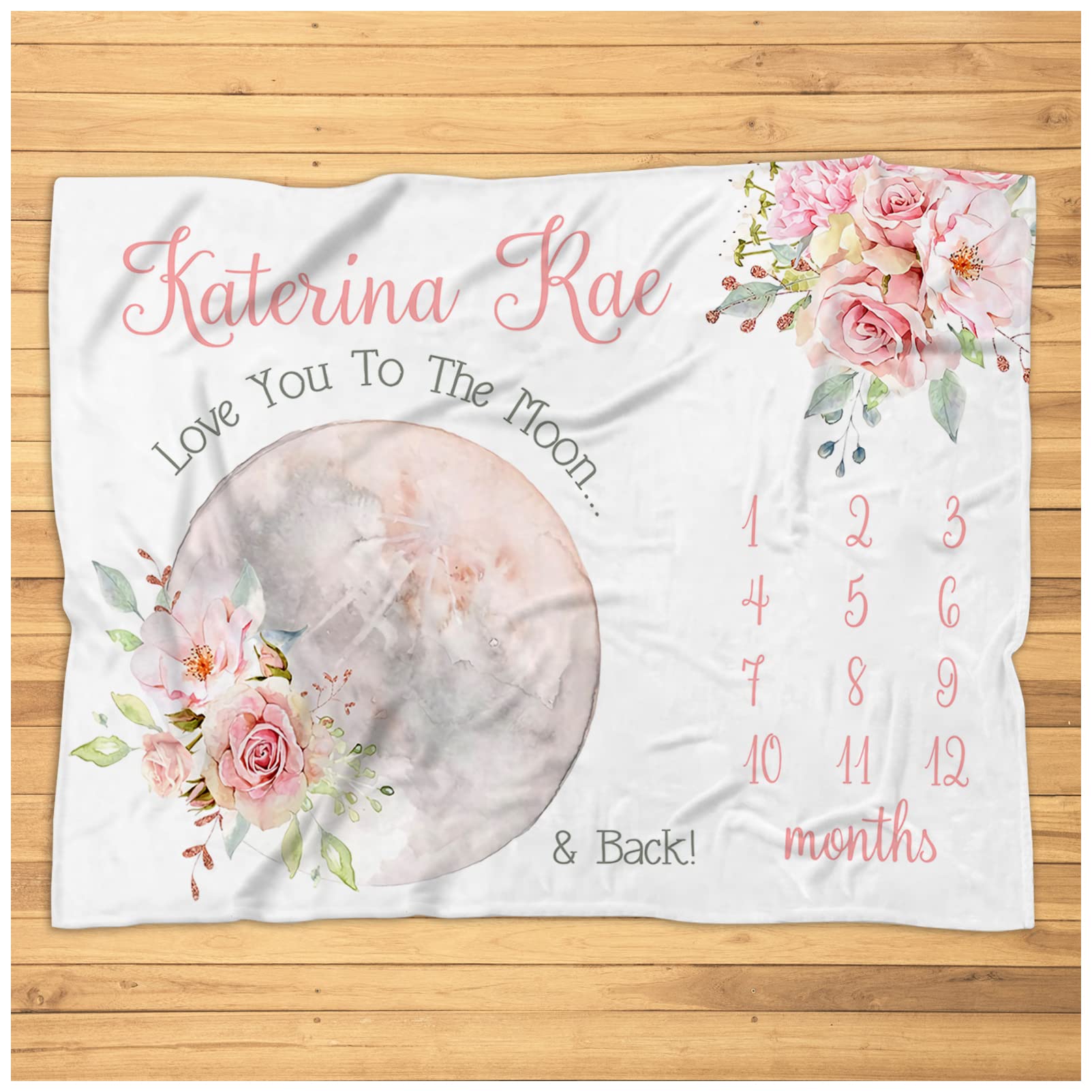 Floral Moon Milestone Blanket for Baby Girls - Personalized Soft Plush Blanket with 