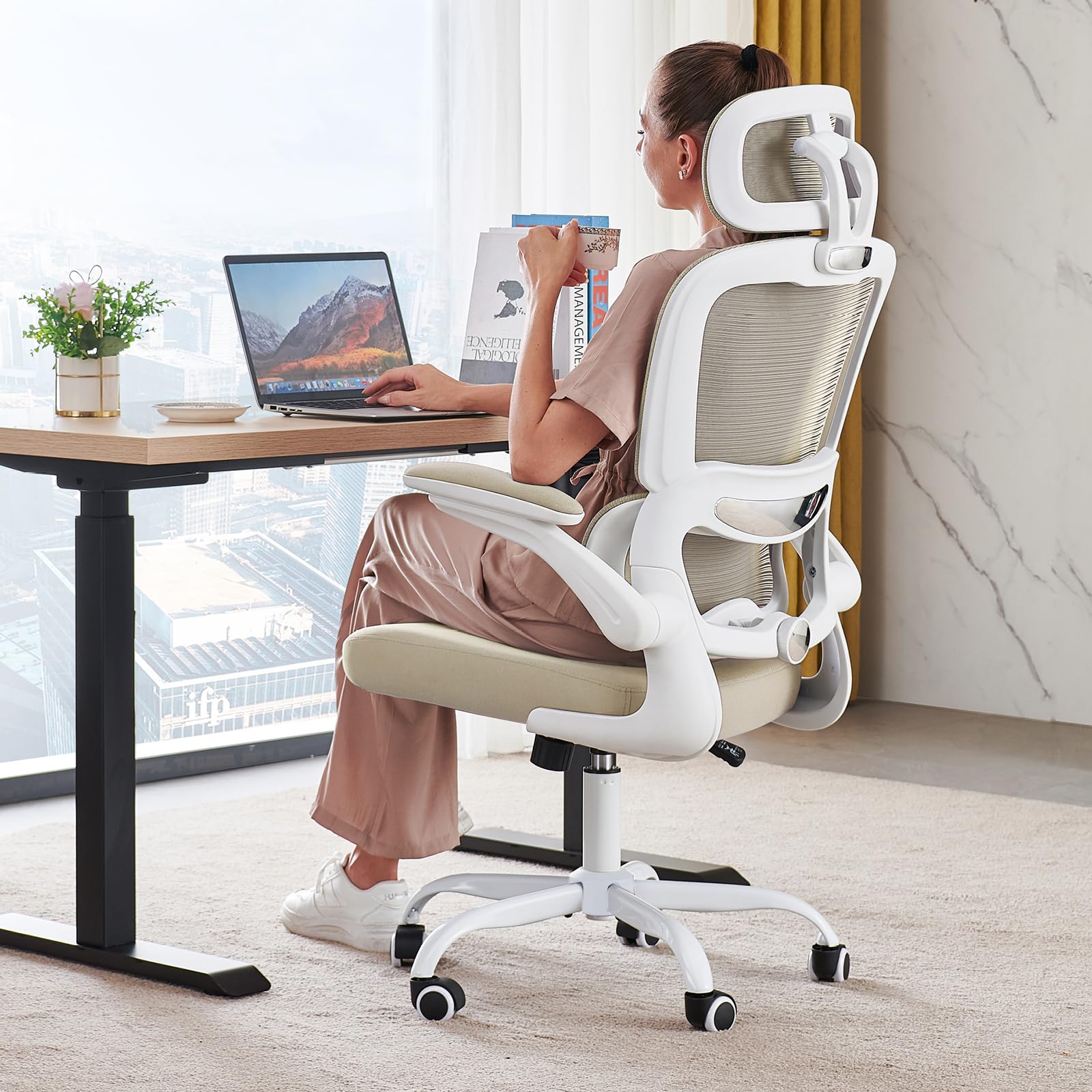 Ergonomic Office Chair with Wheels - 330 LBS Capacity Mesh Computer Desk Chair for Home & Gaming, High Back Support for Long Hours Sitting (Beige) - Perfect for Home Office, Gaming Setup & Workspaces