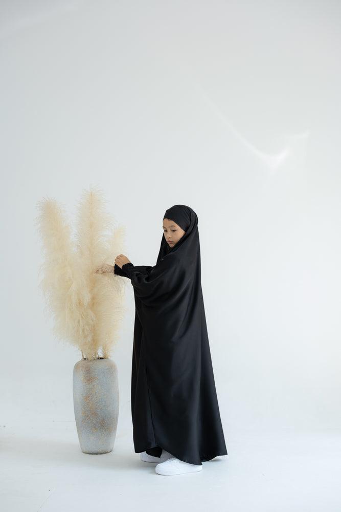 Little Gretaah Khimar Style Prayer Gown for Kids - Black Islamic Dress with Ribbed Sleeve Cuffs - Perfect for Mosque, Eid Celebrations & Religious Ceremonies