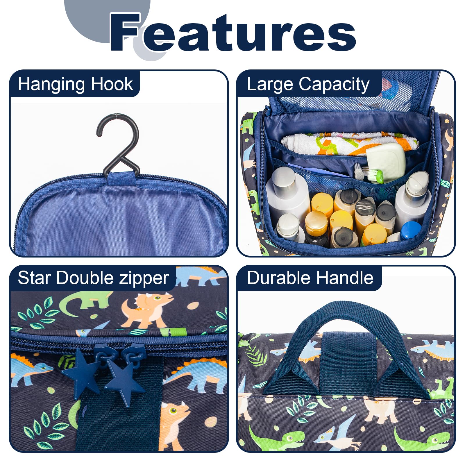 Dinosaur Kids Travel Toiletry Bag - Cute Cartoon Hanging Cosmetic Organizer for Boys & Girls | Perfect for Camping, Sleepovers & Shower Essentials | Waterproof Wash Bag for School Trips & Overnight Stays