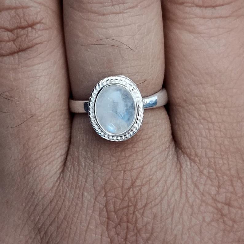 Rainbow Moonstone Ring for Women - 925 Sterling Silver Plated June Birthstone Ring with Blue Flash | Healing Crystal, Promise & Engagement Ring | Perfect Gift for Her, Daily Wear Jewelry for Special Occasions & Spiritual Healing