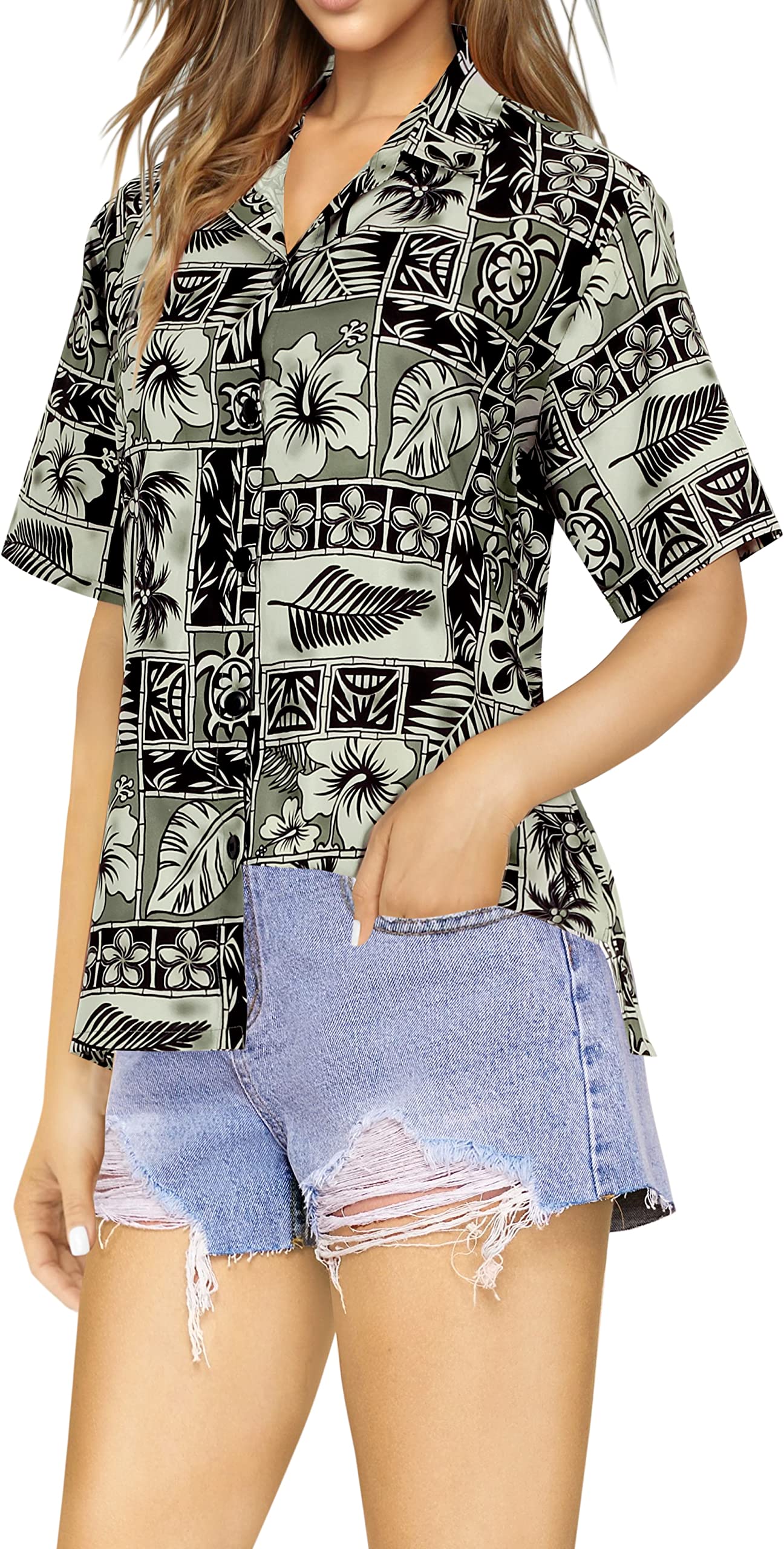 LA LEELA Women's Hawaiian Beach Short Sleeve Blouse - Floral Print Vacation Shirt for Summer, Pool Party & Tropical Getaways