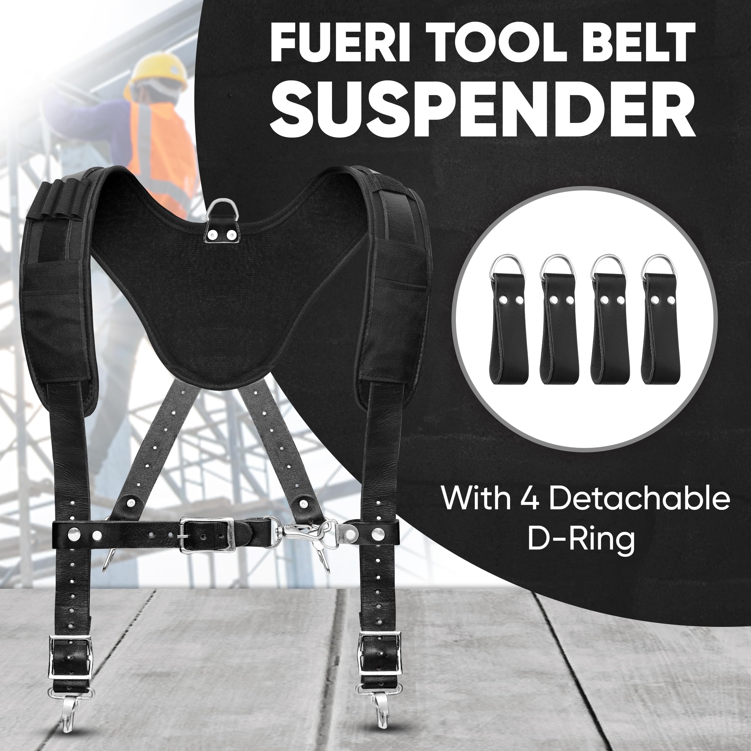 FUERI Tool Belt Suspenders with 4 Detachable D-Loops - Adjustable Work Suspenders for Construction Tool Belts | Heavy Duty Support for Carpenters, Electricians & DIY Projects
