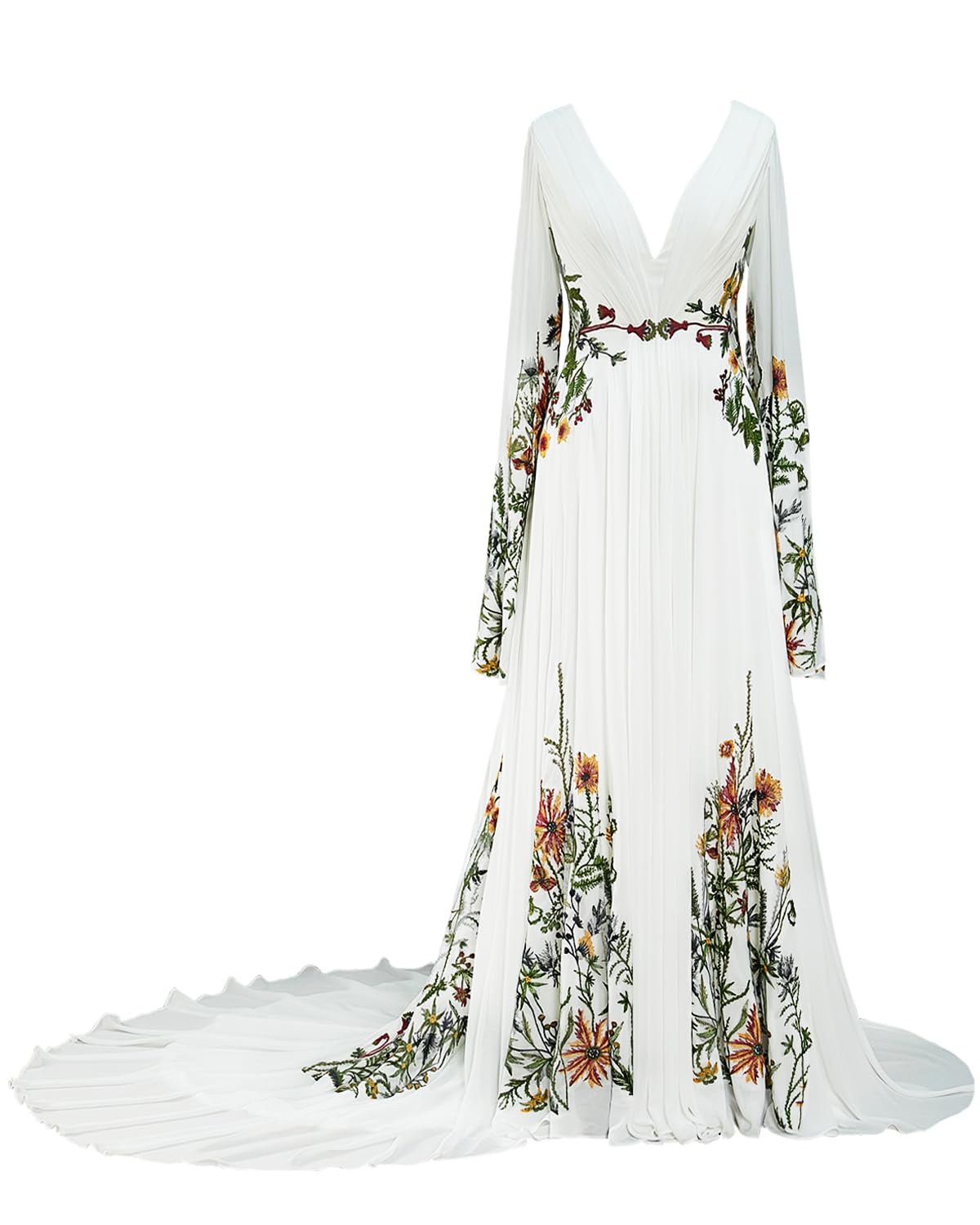 Elegant Floral Embroidered Wedding Dresses for Women - V Neck Long Sleeve Boho Bridal Gowns - Perfect for Beach, Garden & Vintage Theme Weddings