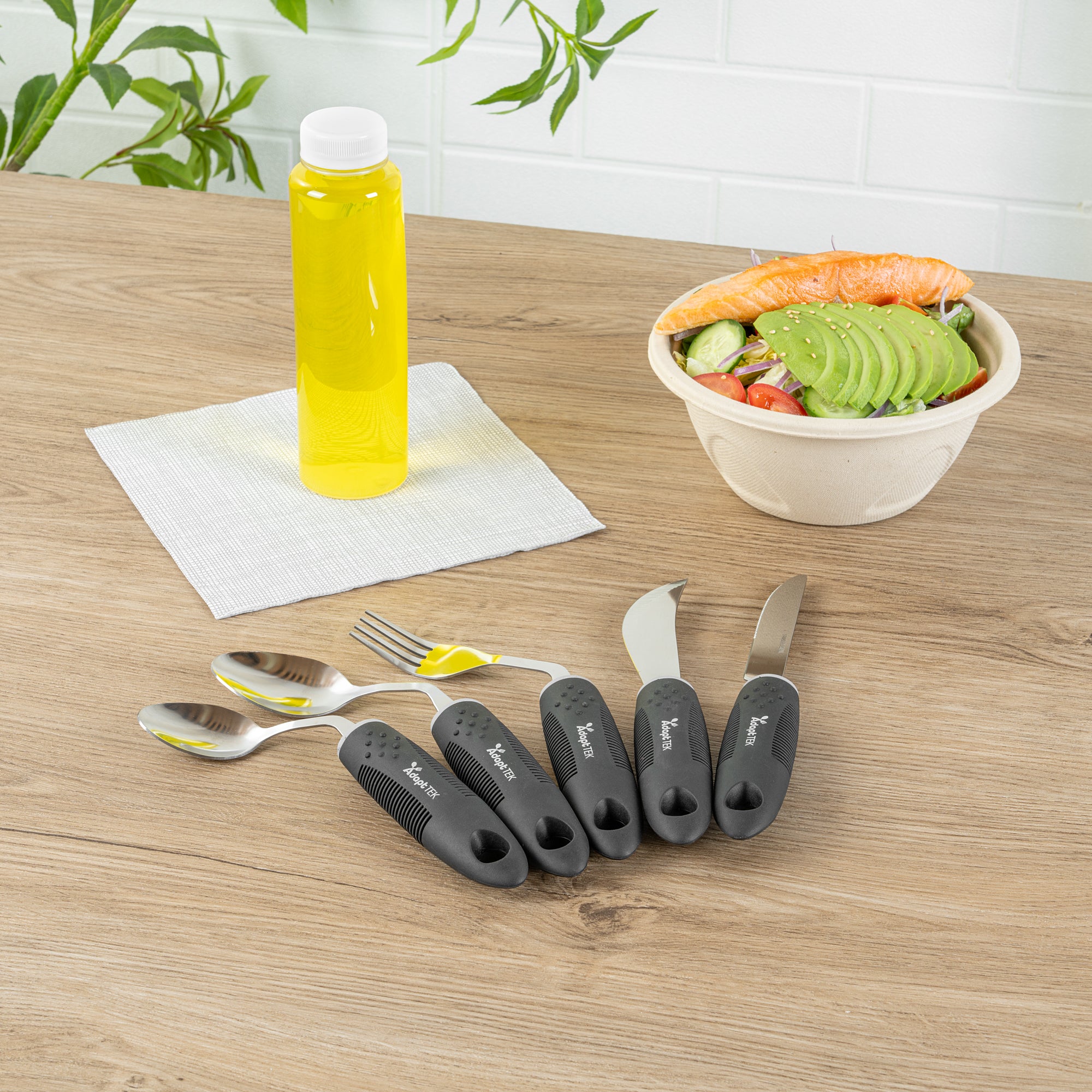 Adapt Tek Black Stainless Steel 5-Piece Adaptive Offset Utensil Set for Right-Handed Users - Lightweight, Non-Slip Grip (1 Count) - Ideal for Arthritis & Limited Mobility in Kitchen