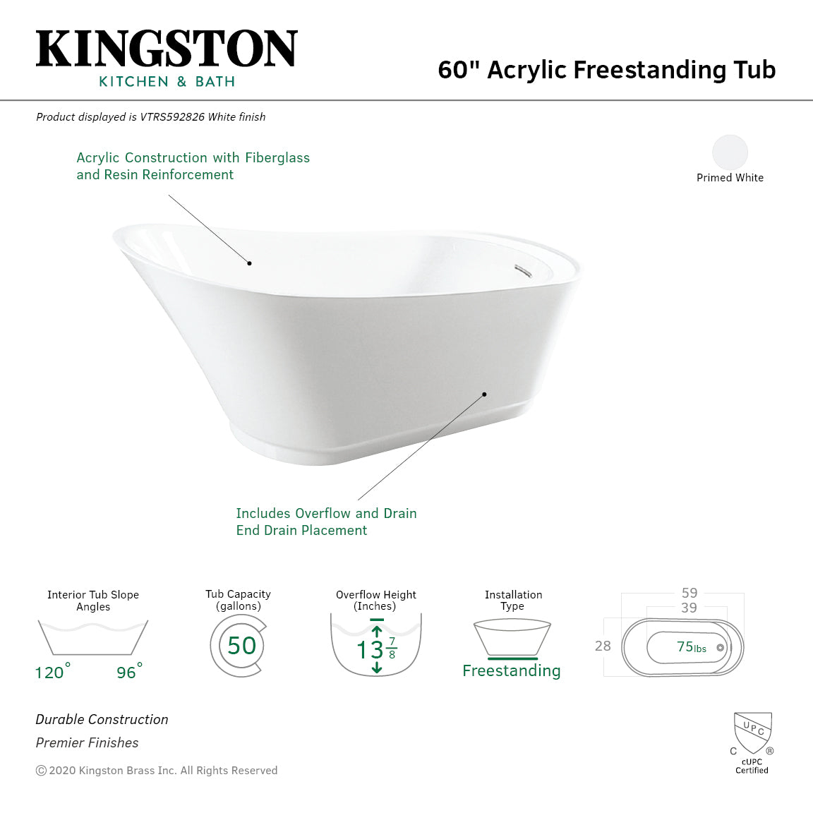 60 Inch Acrylic Oval Freestanding Bathtub - Glossy White Standalone Soaking Tub with Drain | Modern Bathroom Upgrade for Spa-Like Relaxation