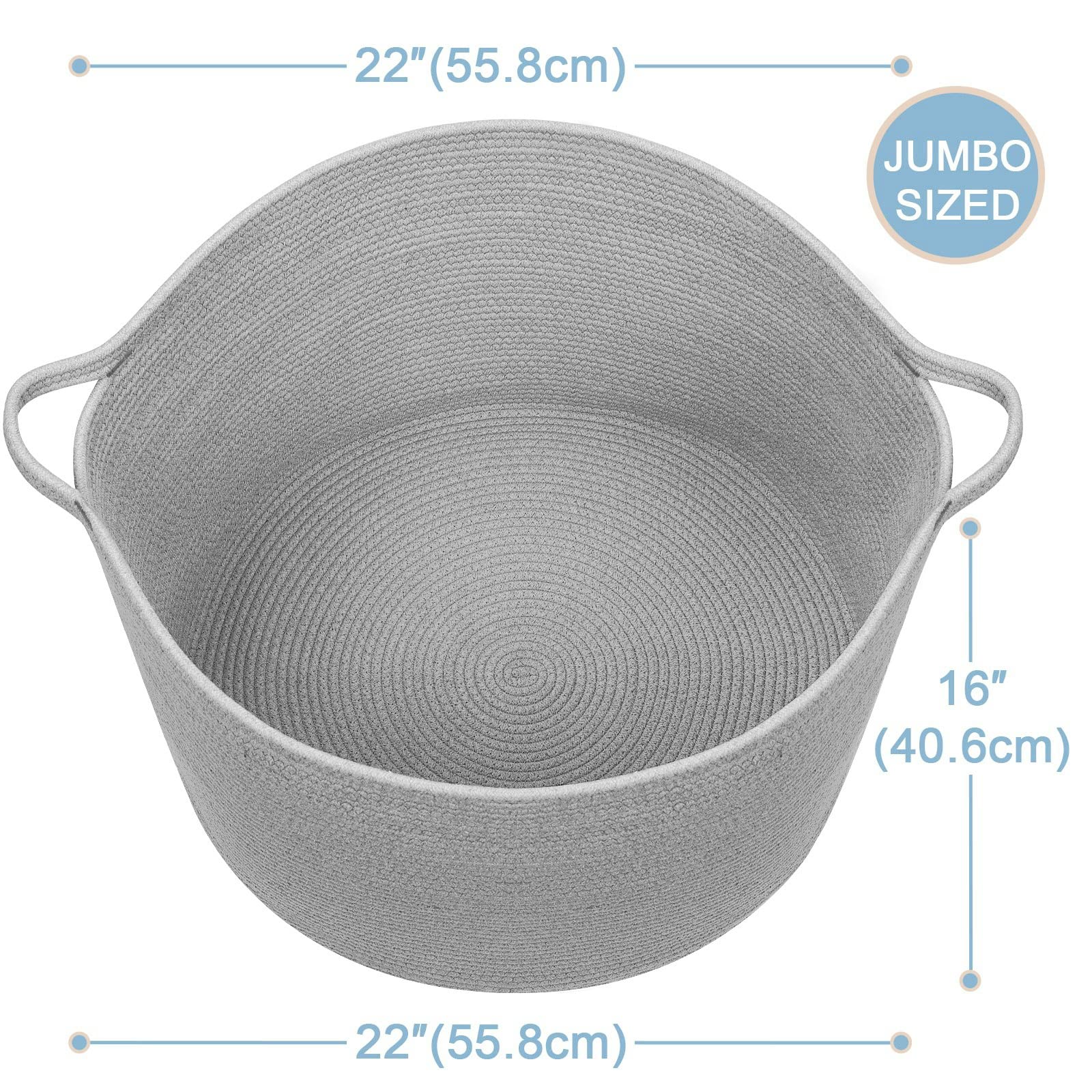 Large Cotton Rope Storage Basket 22x22x16 Inches - Light Grey Woven Hamper for Blankets, Toys, Laundry | Nursery Organizer & Home Decor Basket | Perfect for Bedroom, Playroom or Bathroom Storage