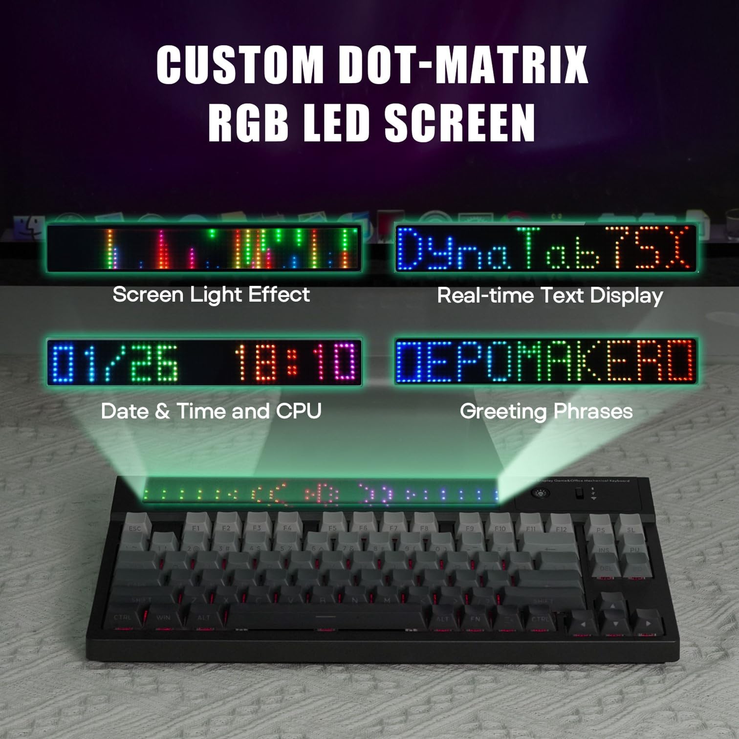 EPOMAKER DynaTab 75X Wireless Mechanical Gaming Keyboard - Custom Dot-Matrix RGB LED Screen, Gasket-Mounted Design, Bluetooth/2.4G/USB-C Connectivity (Black Grey, Flamingo Switch) - Perfect for Esports, Streaming & Office Work