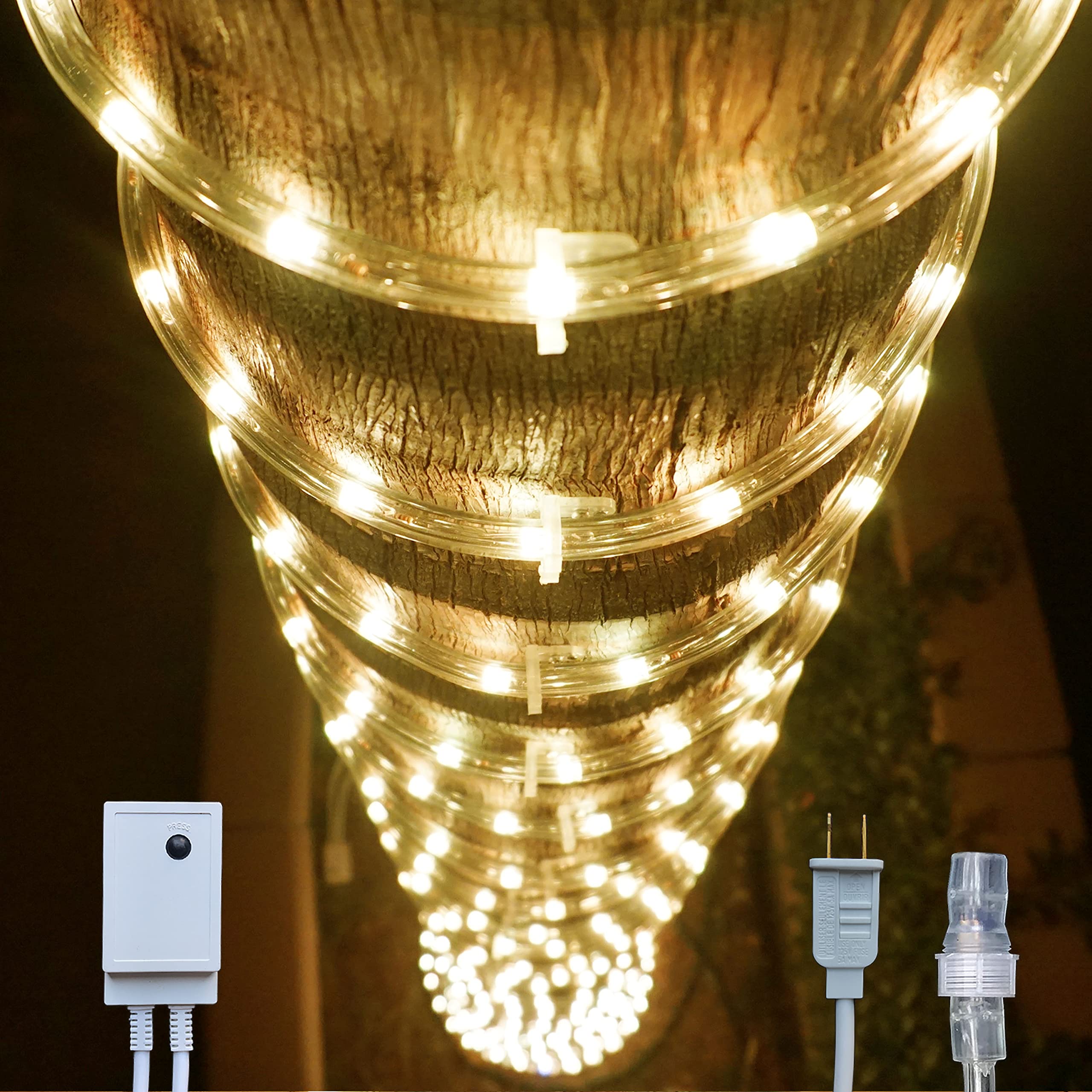 Russell Decor 30 Ft LED Rope Lights - 4-Level Dimmable Connectable Outdoor String Lights in Warm White for Christmas, 4th of July, Memorial Day, Patio, Deck & Holiday Decorations - Perfect for Backyard Parties, Wedding Lighting & Home Ambiance
