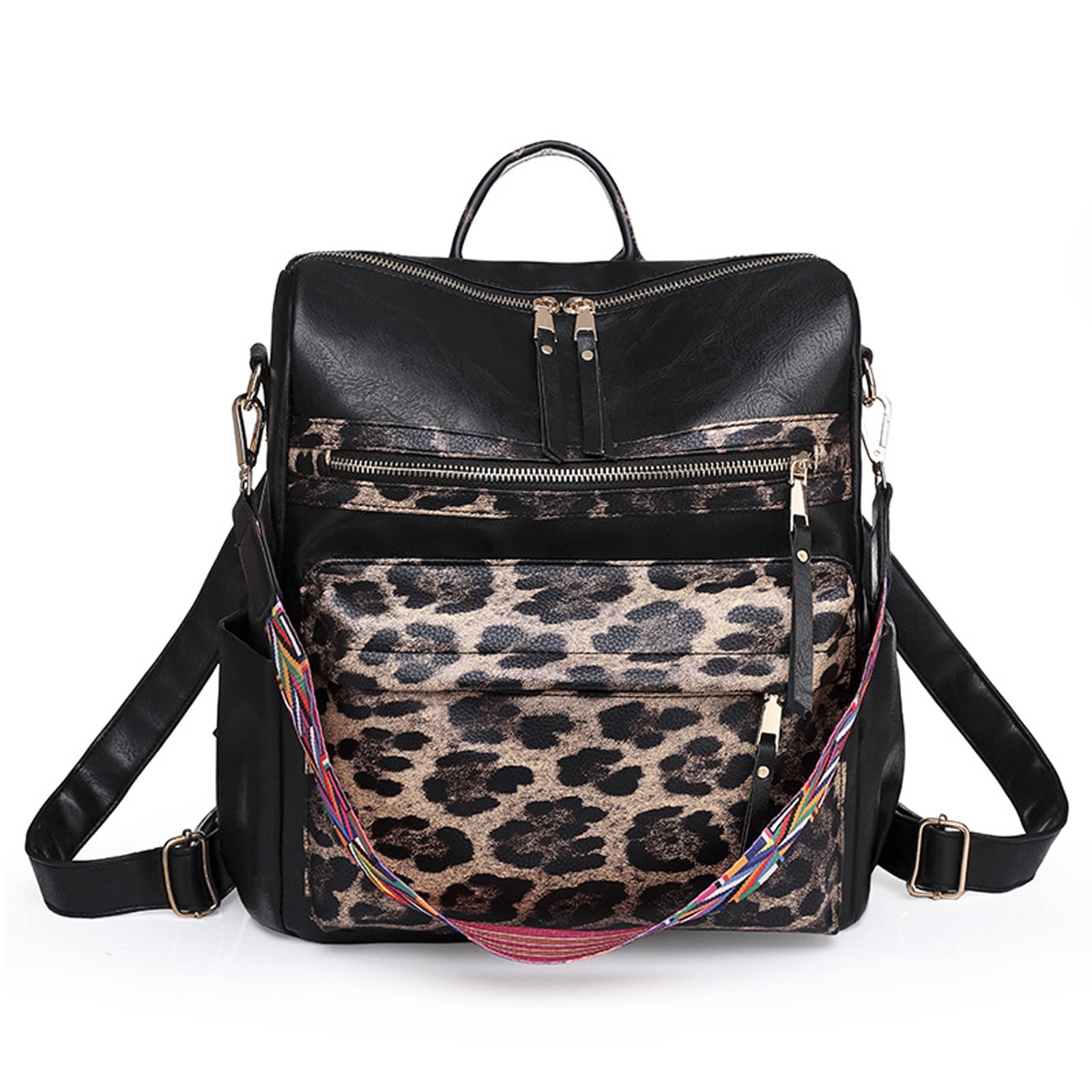 Women's Convertible Leather Backpack - Fashionable PU Leather Satchel Handbag & Shoulder Bag for Travel, Work & Daily Use (Black Leopard Print)