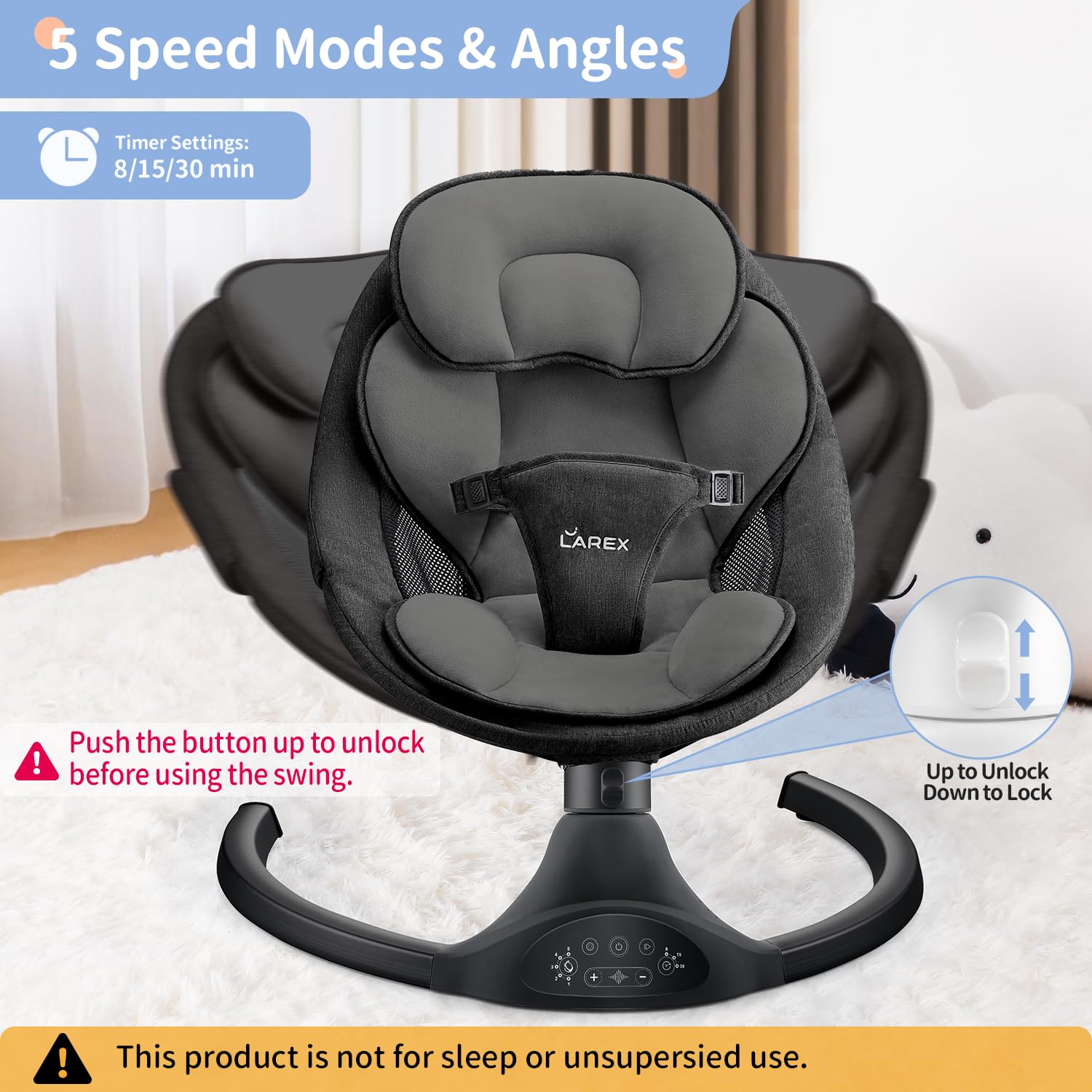 LAREX Electric Baby Swing for Newborns 0-6 Months | Portable Infant Rocker with 5 Speed Settings, Remote Control & Bluetooth | 10 Soothing Melodies | Max Weight 20 lbs | Perfect for Nursery, Daycare & Travel