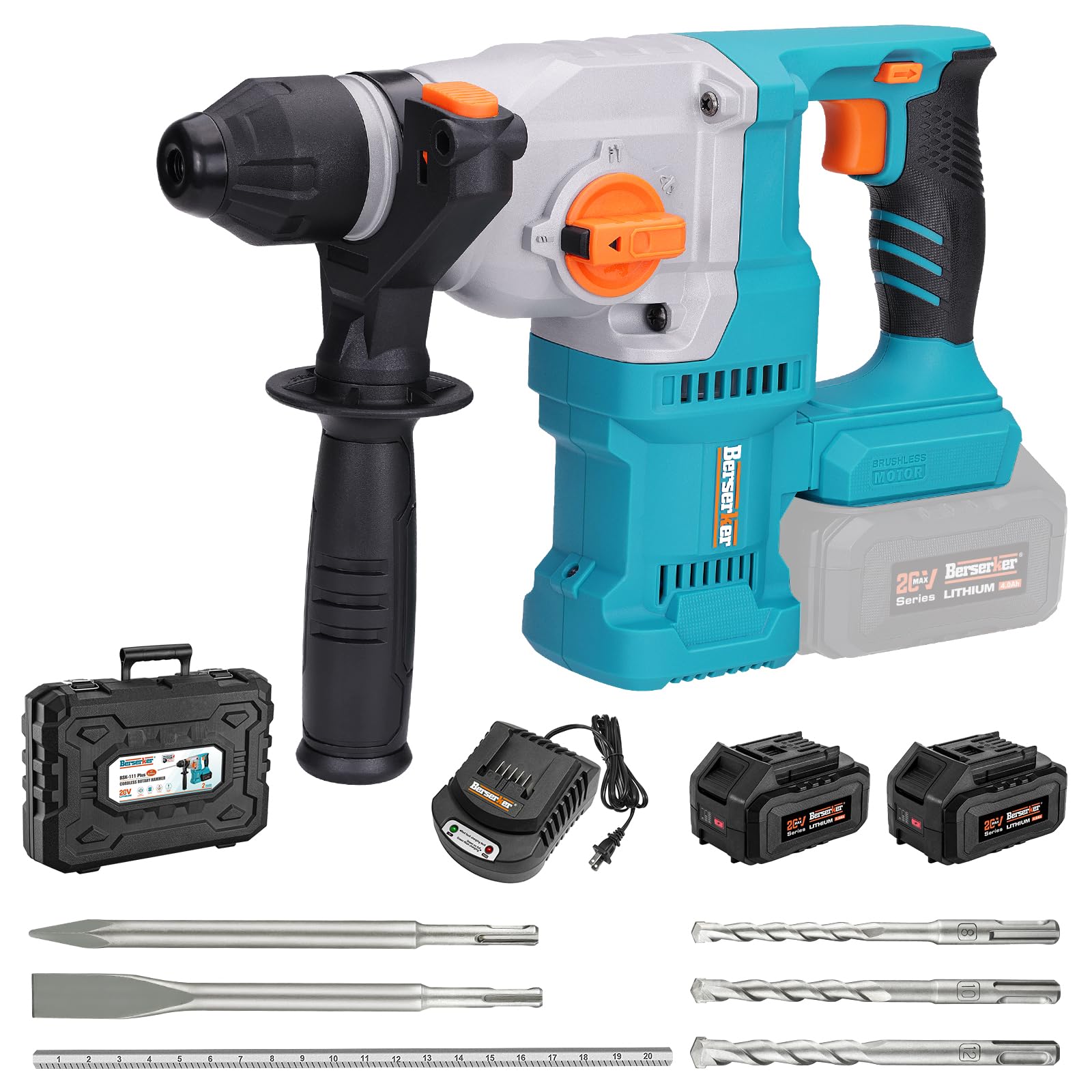 Berserker 20V Cordless Rotary Hammer Drill with SDS-Plus - 1-1/8 Inch, Brushless Motor, 2X4.0Ah Li-ion Batteries, Dual Kickback Control, 3.0A Fast Charger, 4-Speed Variable - Perfect for Concrete Drilling, Masonry Work, and Home Renovation Projects