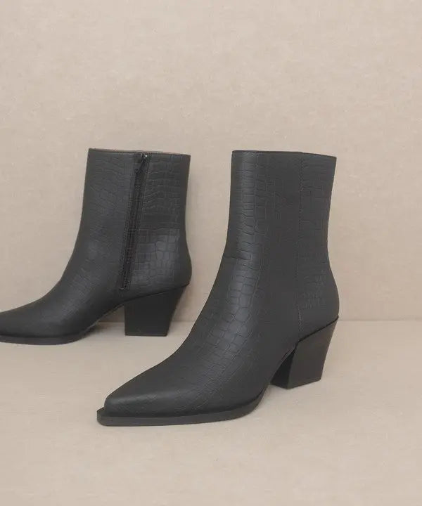 OASIS SOCIETY Miley Women's Alligator Print Ankle Booties - Stylish Faux Leather Pointed Toe Booties for Casual Outings & Night Parties