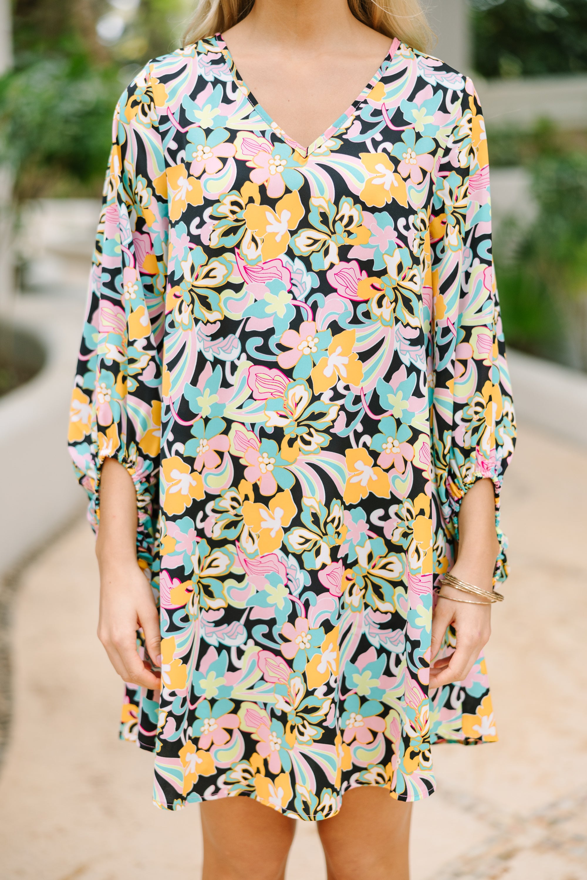 Elegant Black Floral Bubble Sleeve Dress for Women - Perfect for Date Night, Wedding Guest & Special Occasions