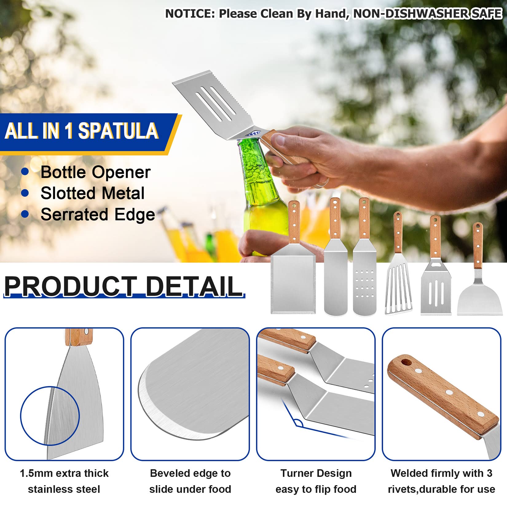 23Pcs Stainless Steel Griddle Accessories Kit - Joyfair BBQ Grilling Tool Set with Flat Top Spatulas & Cast Iron Burger Press - Perfect for Outdoor Hibachi, Teppanyaki & Backyard Cooking (Wooden Handles) - Ideal for Camping, Tailgating & Home Grilling Parties