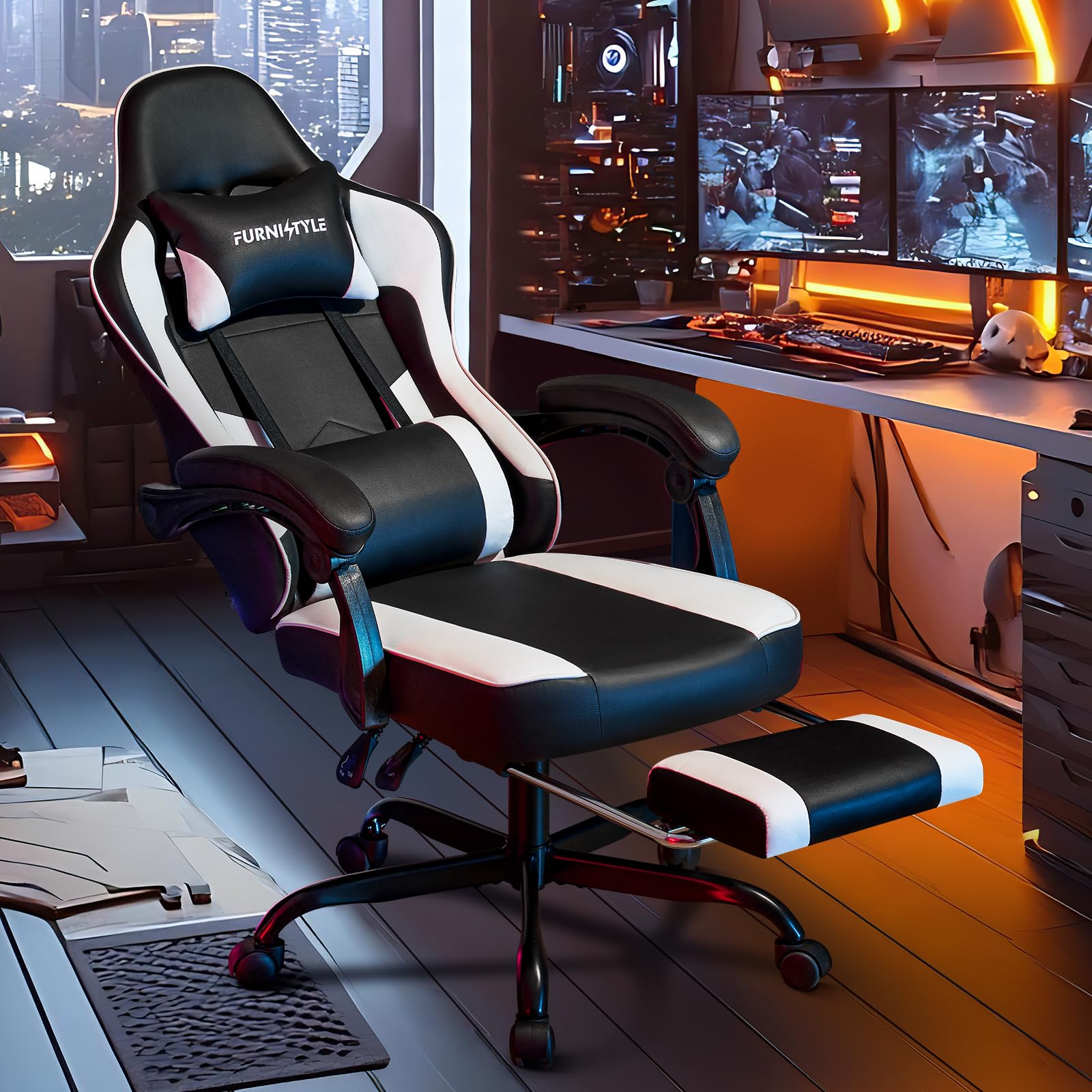 Ergonomic Gaming Chair with Adjustable Footrest & Lumbar Support - Reclining Computer Desk Chair for Adults with Linkage Armrests - PU Leather Office & Video Game Chair (Black-White) - Perfect for Esports, Streaming & Home Office Workspace