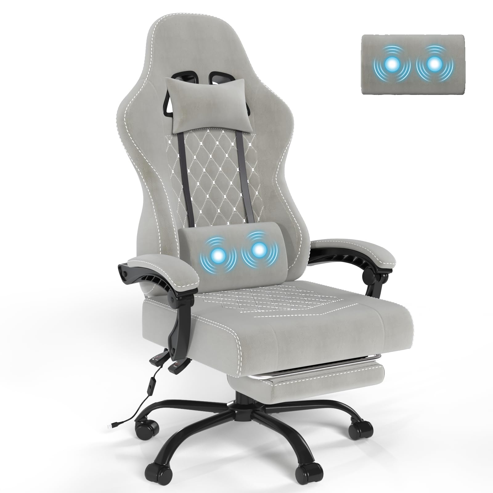 Devoko Ergonomic Gaming Chair with Lumbar Support & Footrest - 360° Swivel, Massage Function, 150kg Weight Capacity - Perfect for PC Gaming, Office Work & Home Use (Grey)