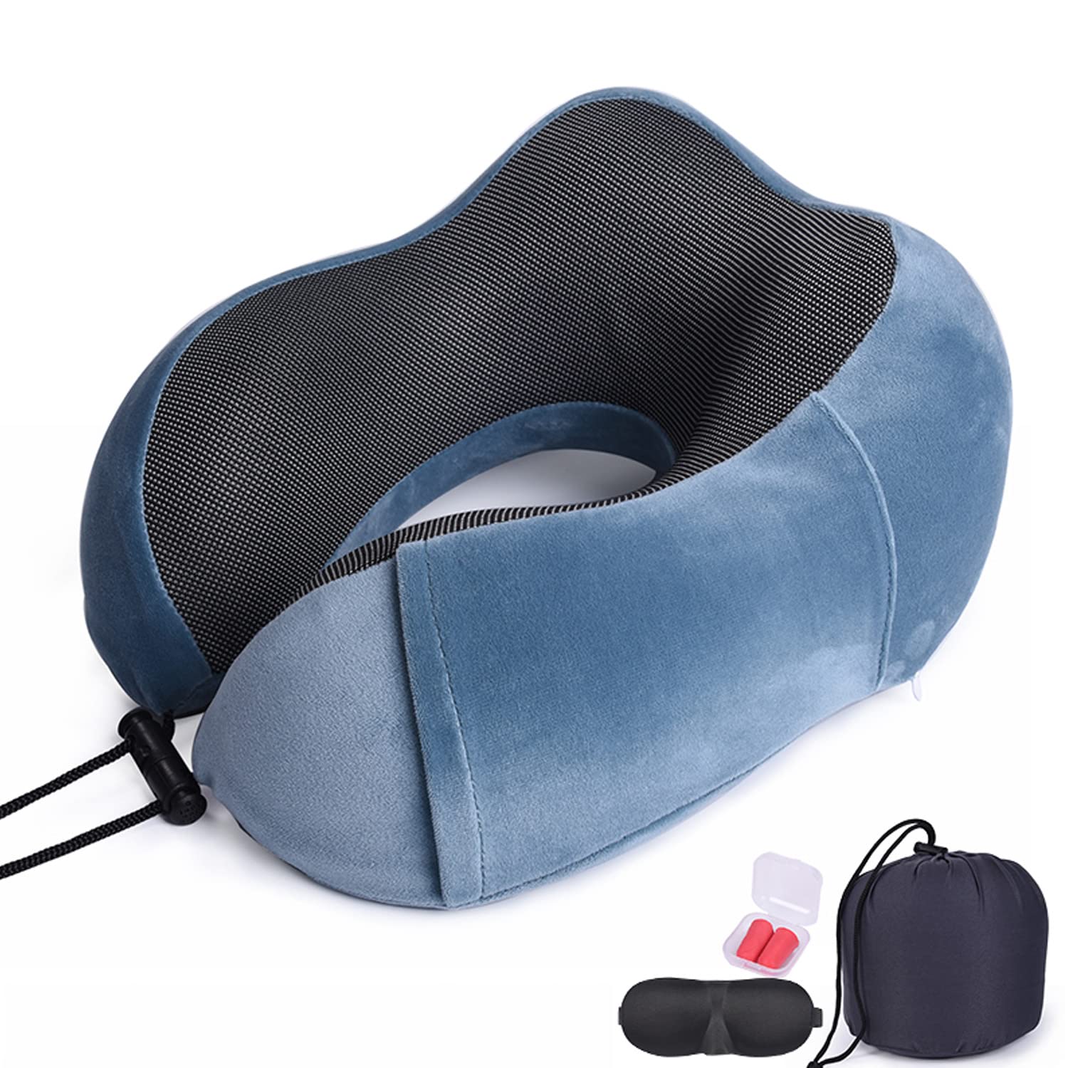 360 Degree Head Support Travel Pillow for Sleeping - Fast Rebound Neck Pillow for Airplane, Train, Car Travel - Lightweight with Eye Mask & Earplugs (Pink Grey Black/Navy Blue) - Perfect for Long Flights, Road Trips & Commuting