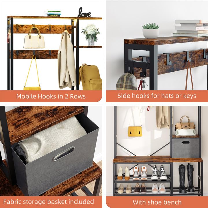 Shintenchi 5-in-1 Modern Hall Tree Coat Rack with LED Lights, Bench Shoe Storage & Removable Hooks - Entryway Organizer with Storage Basket for Hallway, Bedroom or Living Room (Brown) - Perfect for Small Spaces & Home Decor