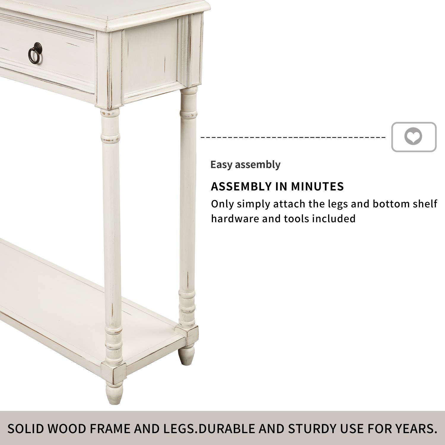 Rustic Wood Console Table with 3 Storage Drawers & Bottom Shelf - Sofa Table for Living Room, Entryway, Hallway - Easy Assembly Antique White - Perfect for Home Decor, Farmhouse Style & Small Space Organization