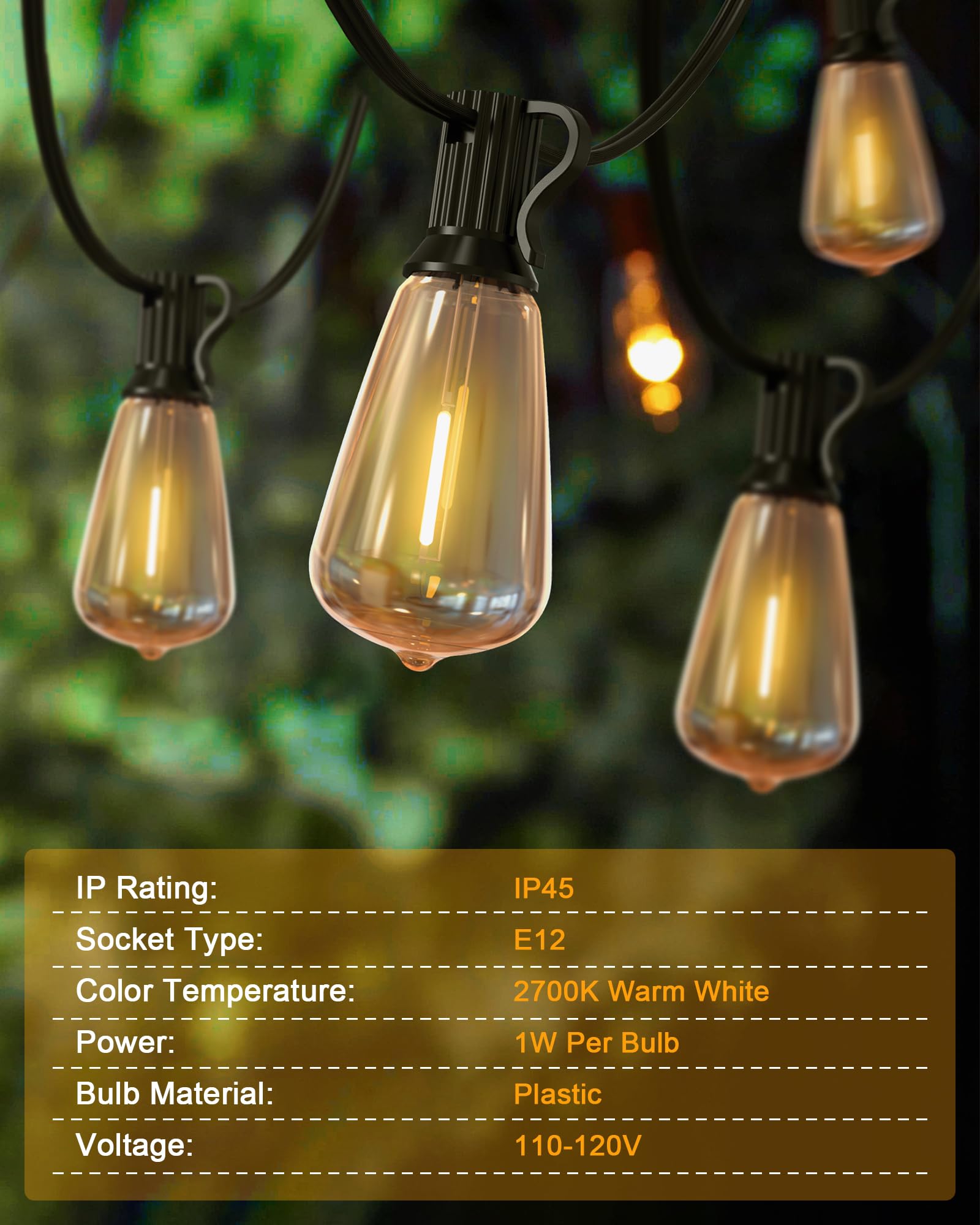 25FT Waterproof Outdoor String Lights with 13 ST38 Edison Bulbs - Black Weatherproof Patio Lights for Porch, Balcony, Backyard, Garden - 2700K Warm White LED Hanging Lights for Romantic Ambiance, Wedding Decor & Outdoor Dining