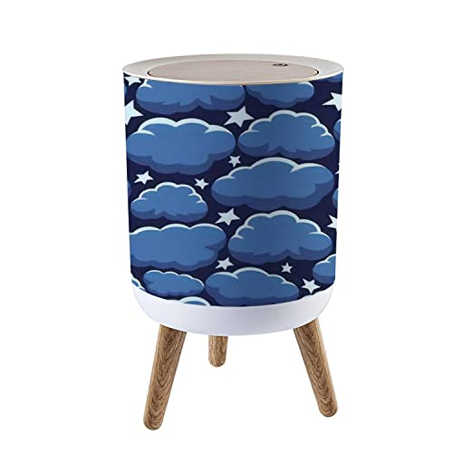 Nordic Style Trash Can with Lid - Hand-Painted Night Sky Clouds & Stars Design - 1.8 Gallon (7L) Round Push-Top Garbage Bin with Legs - Scandinavian Modern Kitchen/Bathroom/Dog-Proof Trash Can - Perfect for Home, Office, or Nursery Decor