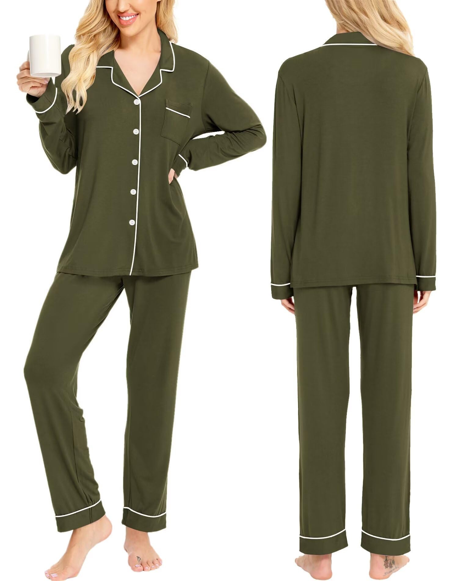 SWOMOG Women's Long Sleeve Pajama Set - Soft Cotton Button Down Sleepwear & Lounge Wear for Nighttime Comfort - Perfect for Sleeping, Relaxing at Home, and Gift Giving