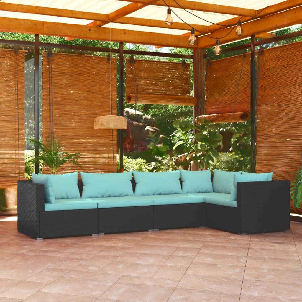 vidaXL 5-Piece Patio Lounge Set with Cushions - Waterproof Poly Rattan Outdoor Furniture - Modular Design, Easy to Clean - Black & Water Blue - Perfect for Backyard, Poolside & Garden Relaxation