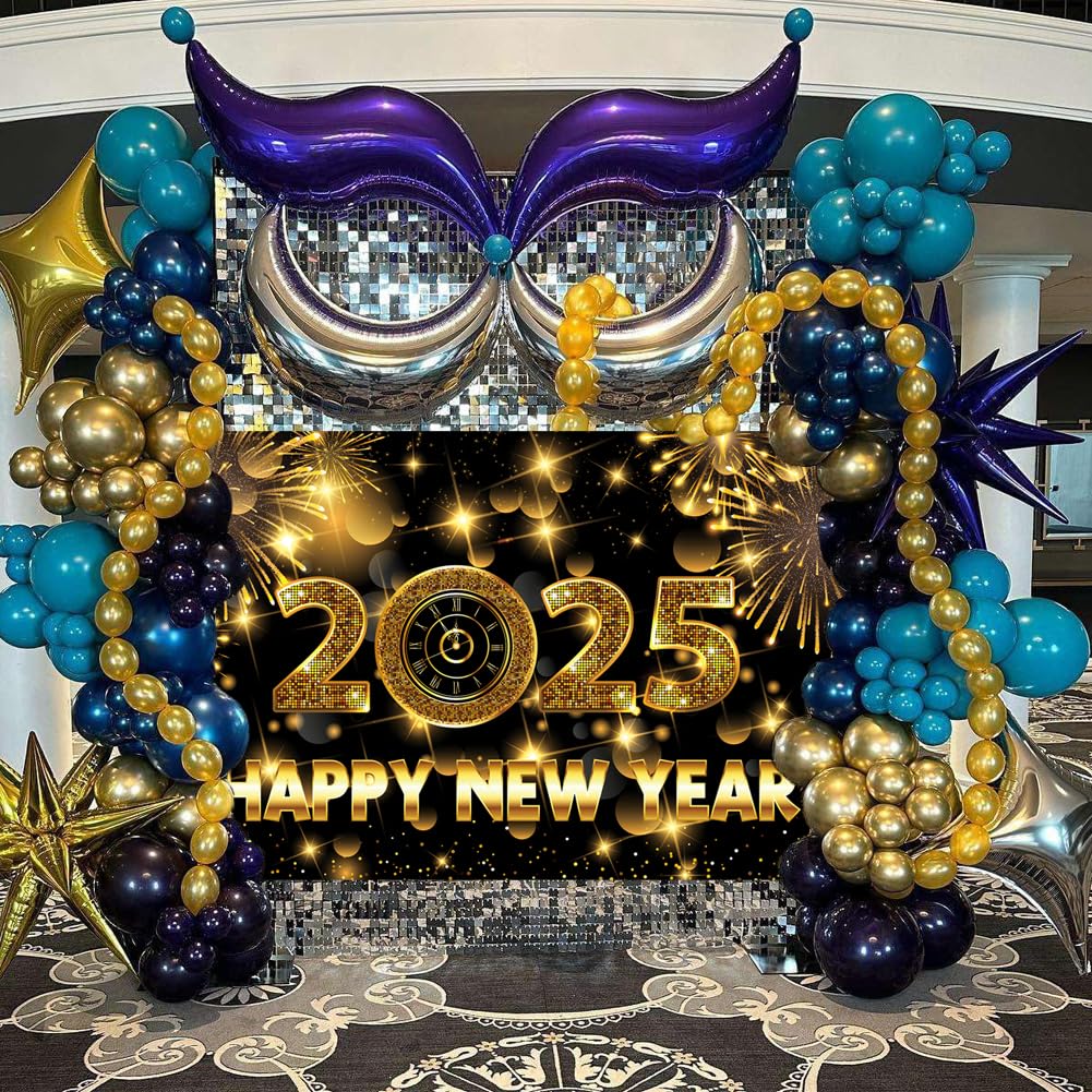 72 x 44 Inch Large Happy New Year Banner 2025 - Black Gold Background New Year Backdrop for Party Decorations, Photo Booths & Wall Decor | 2025 New Years Eve Celebration Supplies