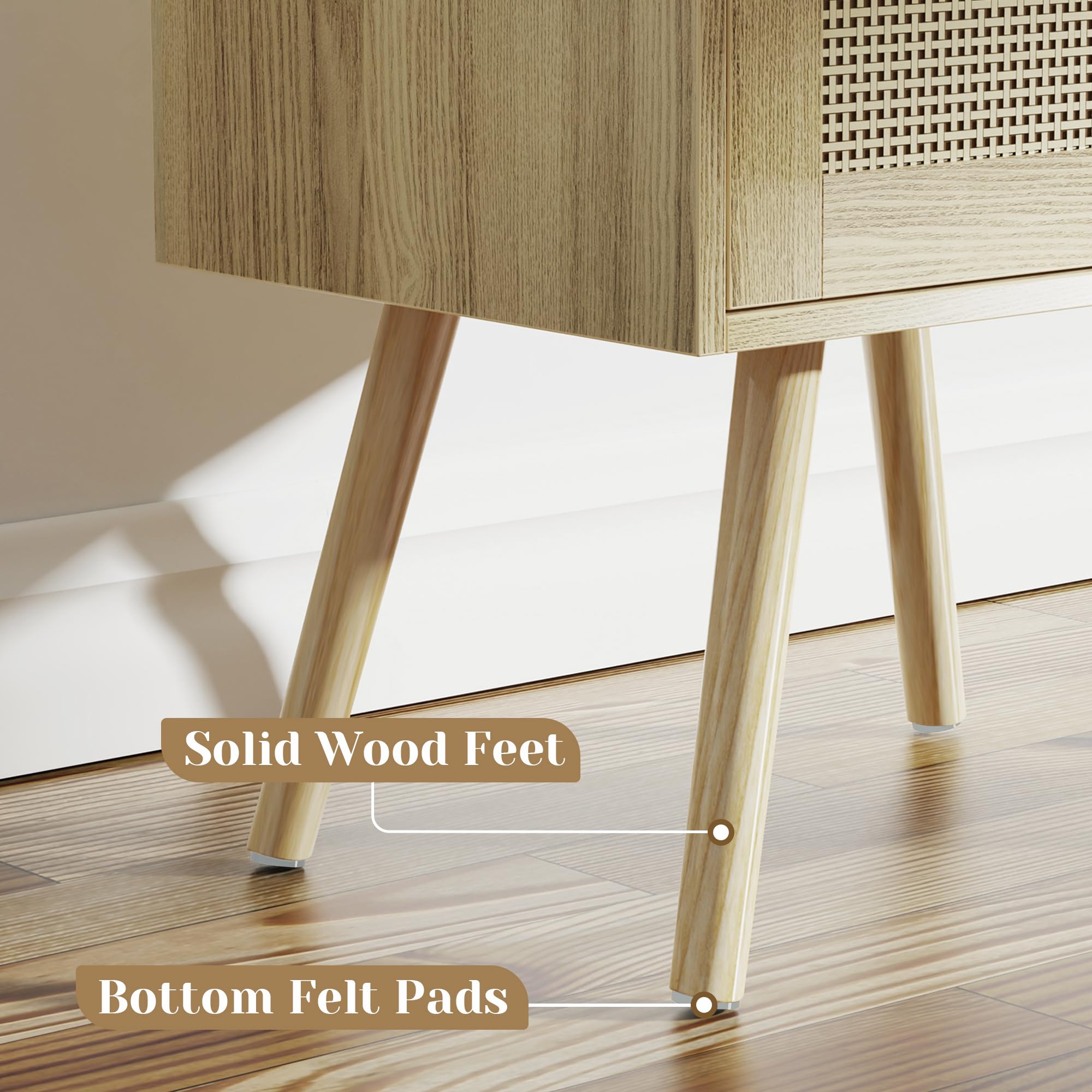 Premium Nightstands Set of 2 with USB Charging Station & Rattan Drawers - Solid Wood Bedside Tables with PE Woven Decor for Bedroom, Living Room, Office - Natural Finish - Perfect for Small Spaces & Modern Home Decor