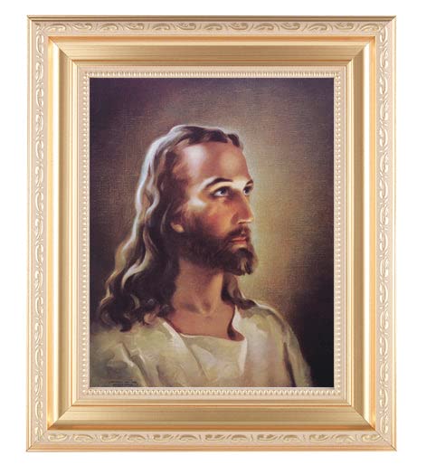 Head of Christ Framed Wall Art - Large Religious Home Decor with Satin Gold Fluted Frame, Distressed Finish & Detailed Scrollwork - Perfect for Church, Prayer Room or Christian Gift