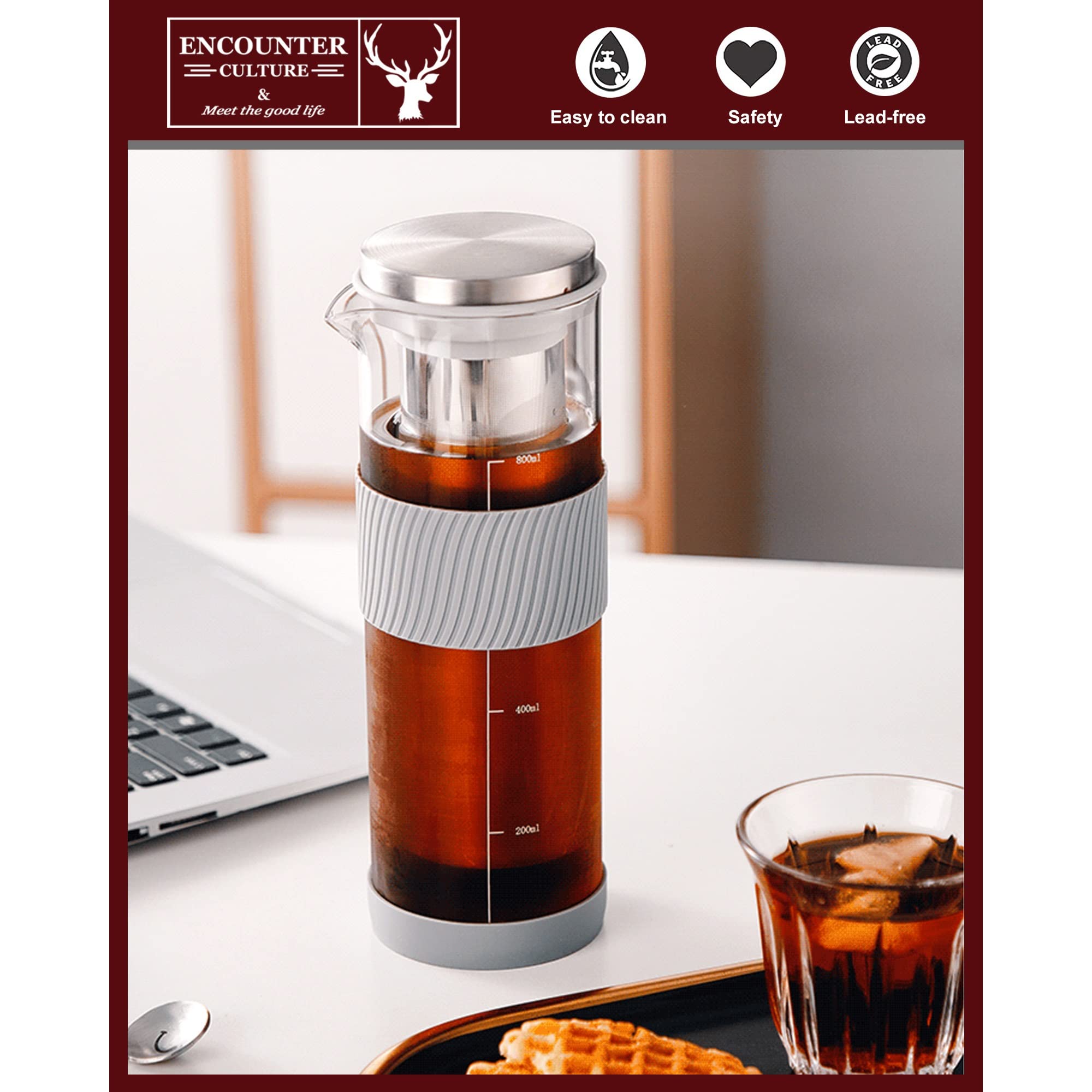 Premium Cold Brew Coffee Maker - 800ml/27oz Heat-Resistant Glass Pitcher with Airtight Lid & Cleaning Brush for Iced Coffee, Tea, Juice & Fruit Infusions | Portable Iced Tea Maker for Home, Office & Outdoor Use
