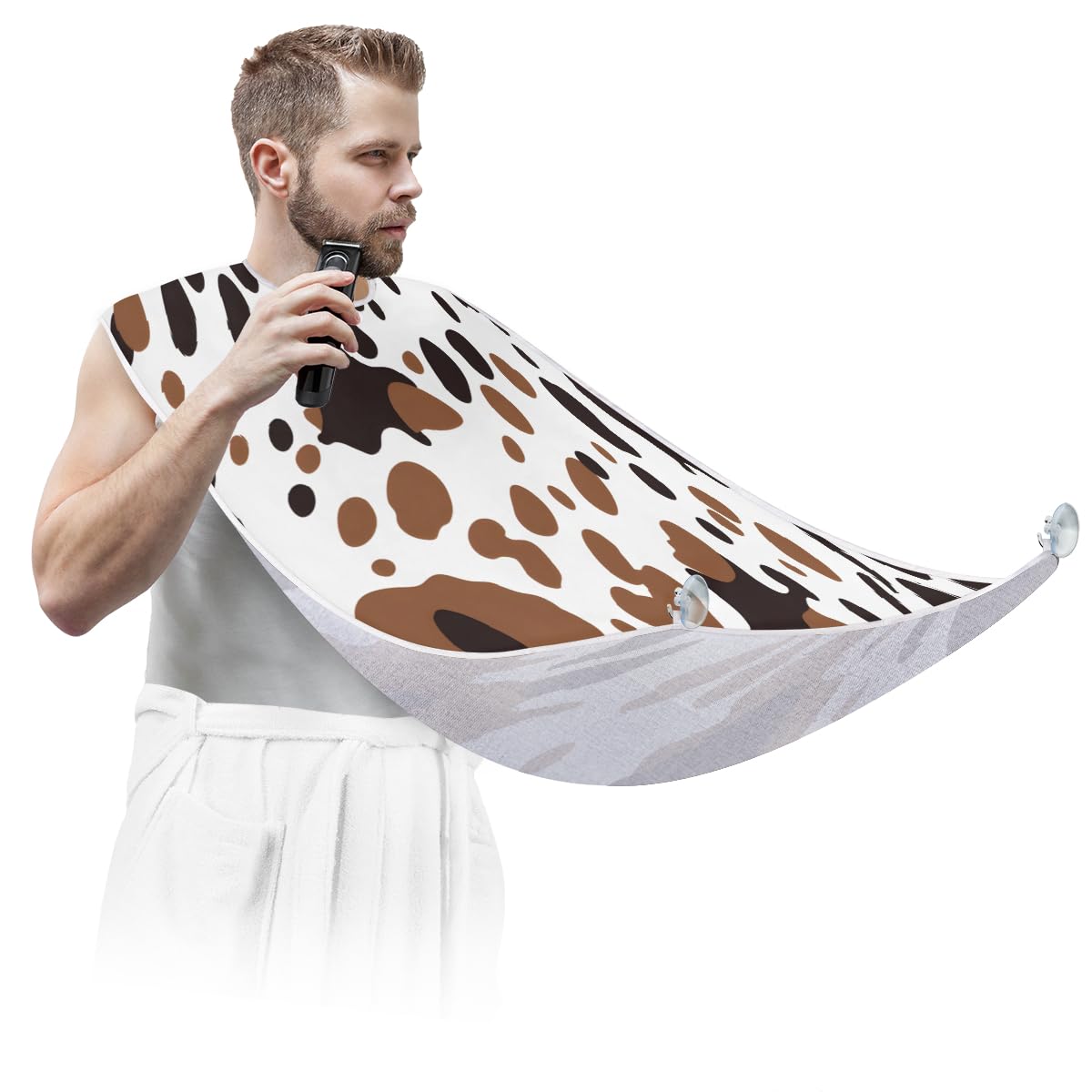 Men's Cow Print Shaving Bib - Waterproof Beard Trimming Apron for Barbers & Grooming | Hair Dye & Makeup Protective Cape | Sink Hair Catcher & Styling Tool - Perfect for Home Grooming & Salon Use