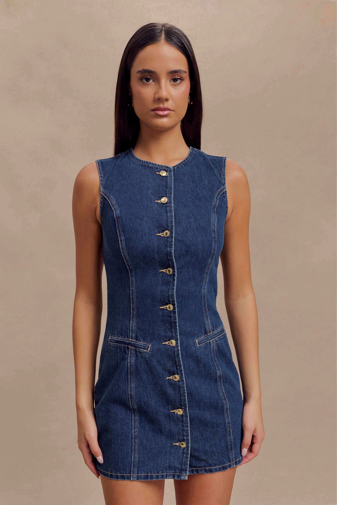Jane Button Down Denim Mini Dress in Dark Blue | Stylish Casual Outfit for Women | Perfect for Date Night, Brunch & Summer Outings