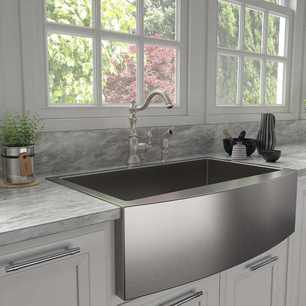 ZLINE Rembrandt Brushed Nickel Single Handle Pull-Down Kitchen Faucet with Side Sprayer - Modern High Arc Design for Sink, Dishwashing & Food Prep (REM KF BN)