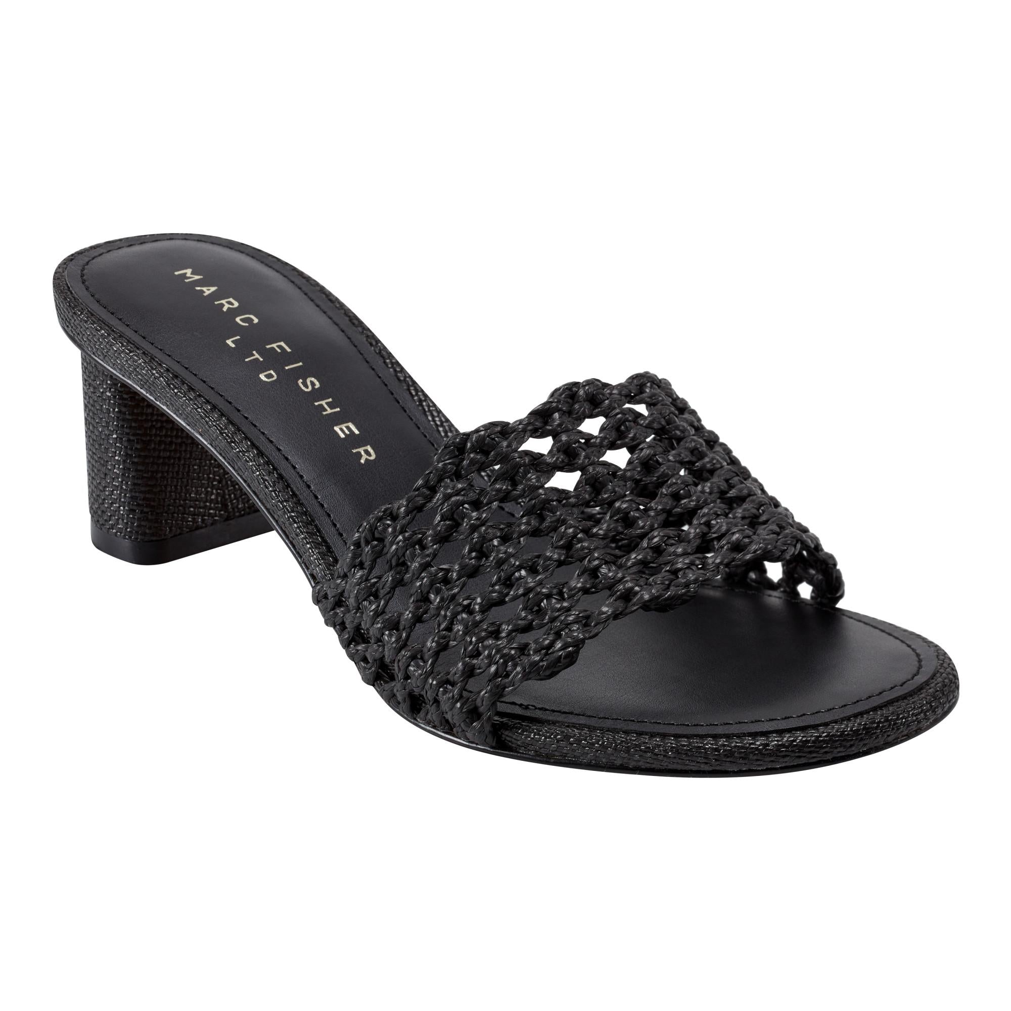Marc Fisher Ltd Women's Jazmine Black & Raffia Braid Woven Sandals - Comfortable Summer Beach Shoes for Women, Perfect for Vacations, Weddings & Outdoor Parties