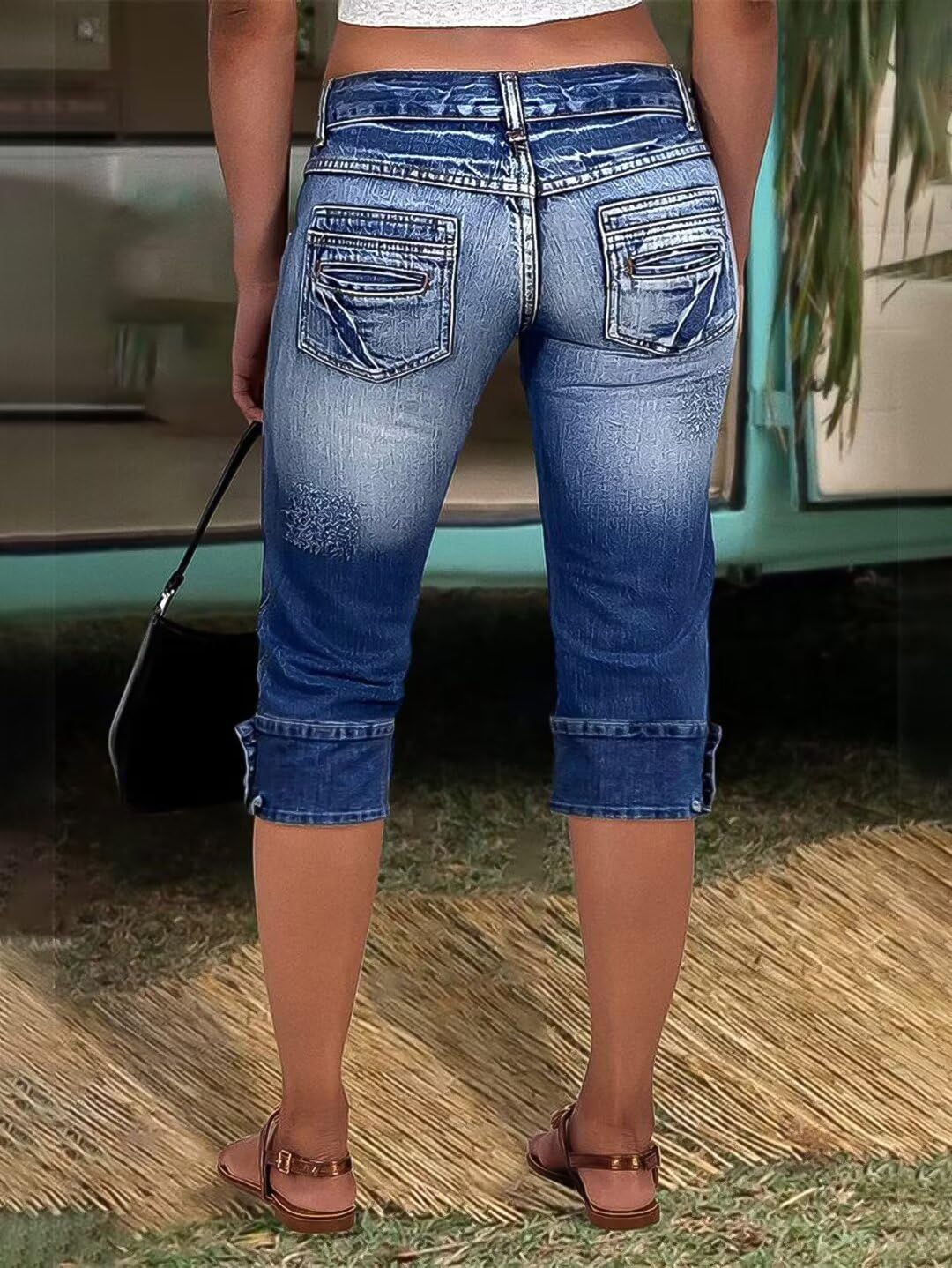 Flamingals Women's Ripped Raw Hem Capri Jeans - Low Waist Stretch Denim Pants for Casual Wear | Perfect for Spring & Summer Outfits, Date Nights & Weekend Street Style